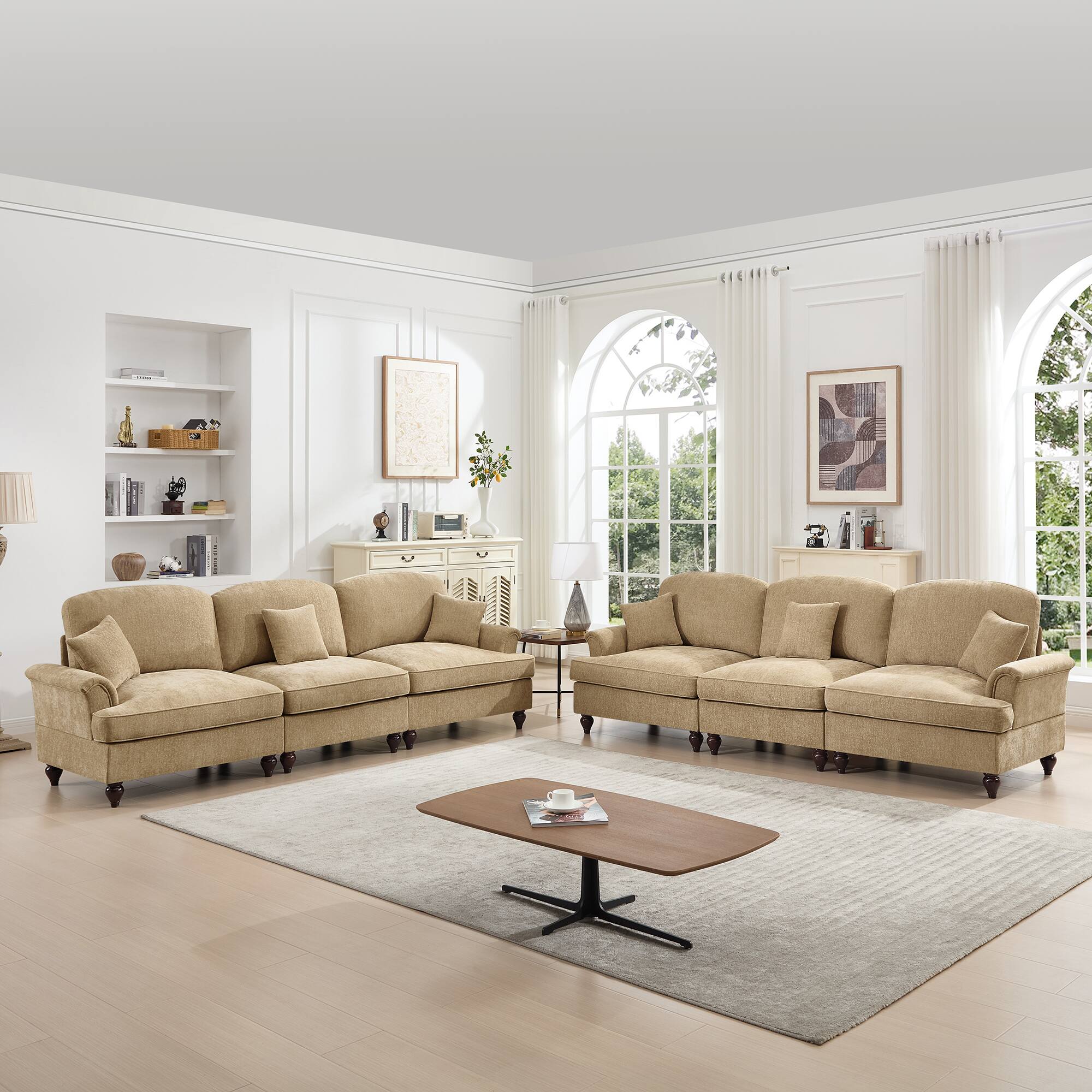Angle. Anysun - Classic 2-Piece Chenille Sofa Set (3+3 Seat Sofa) - Flared Arms, Ruffled Skirt & Spindle Legs - Coffee.