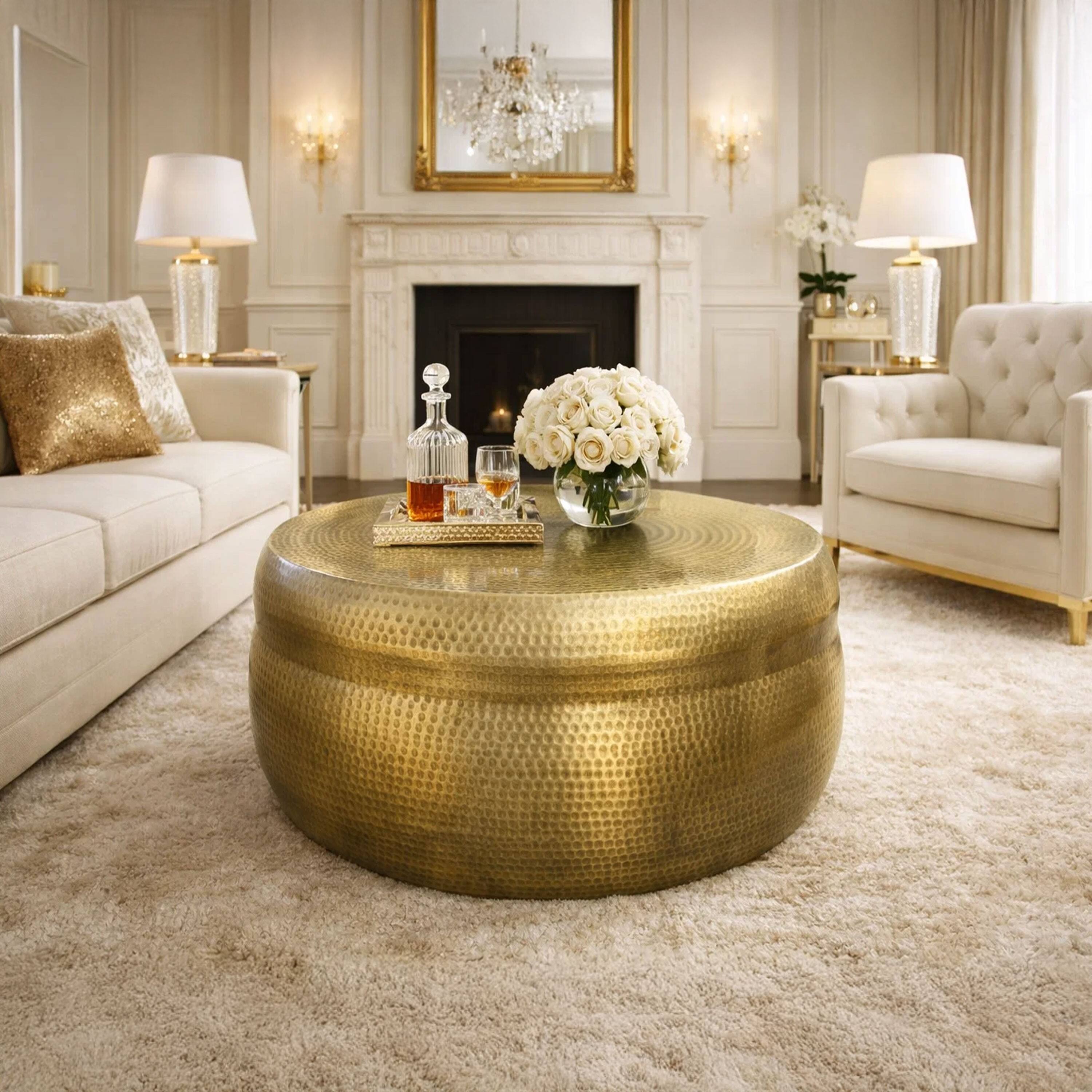 Alt View 6. Manhattan Lane - 32 Inch Artisanal Round Drum Coffee Table, Hammered Embossed Texturing, Aluminum - Brass.