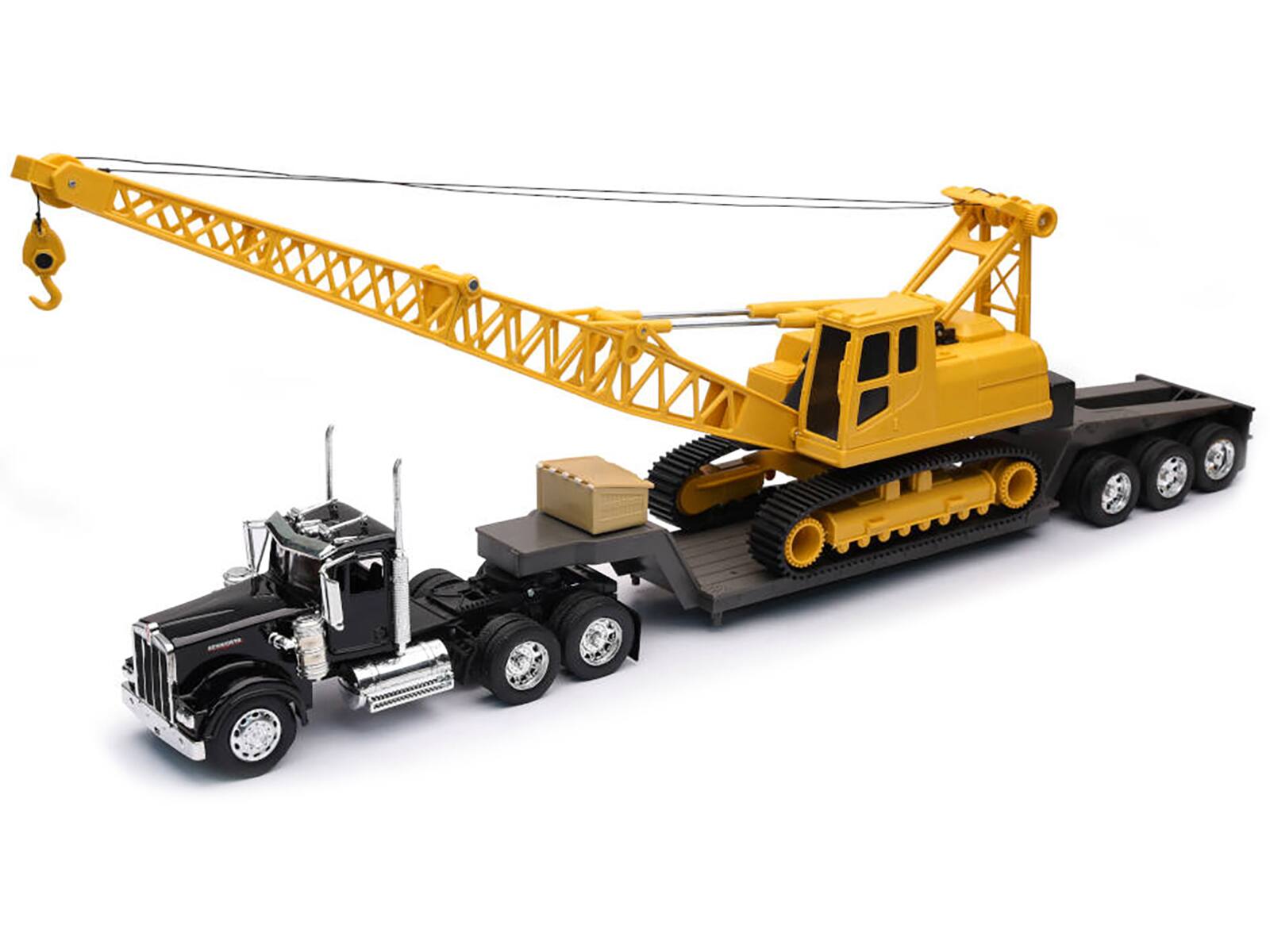 Alt View 1. New Ray - Kenworth W900 Truck with Lowboy Trailer Black and Crane Yellow "Long Haul Trucker" Series 1/32 Diecast Model by New Ray.