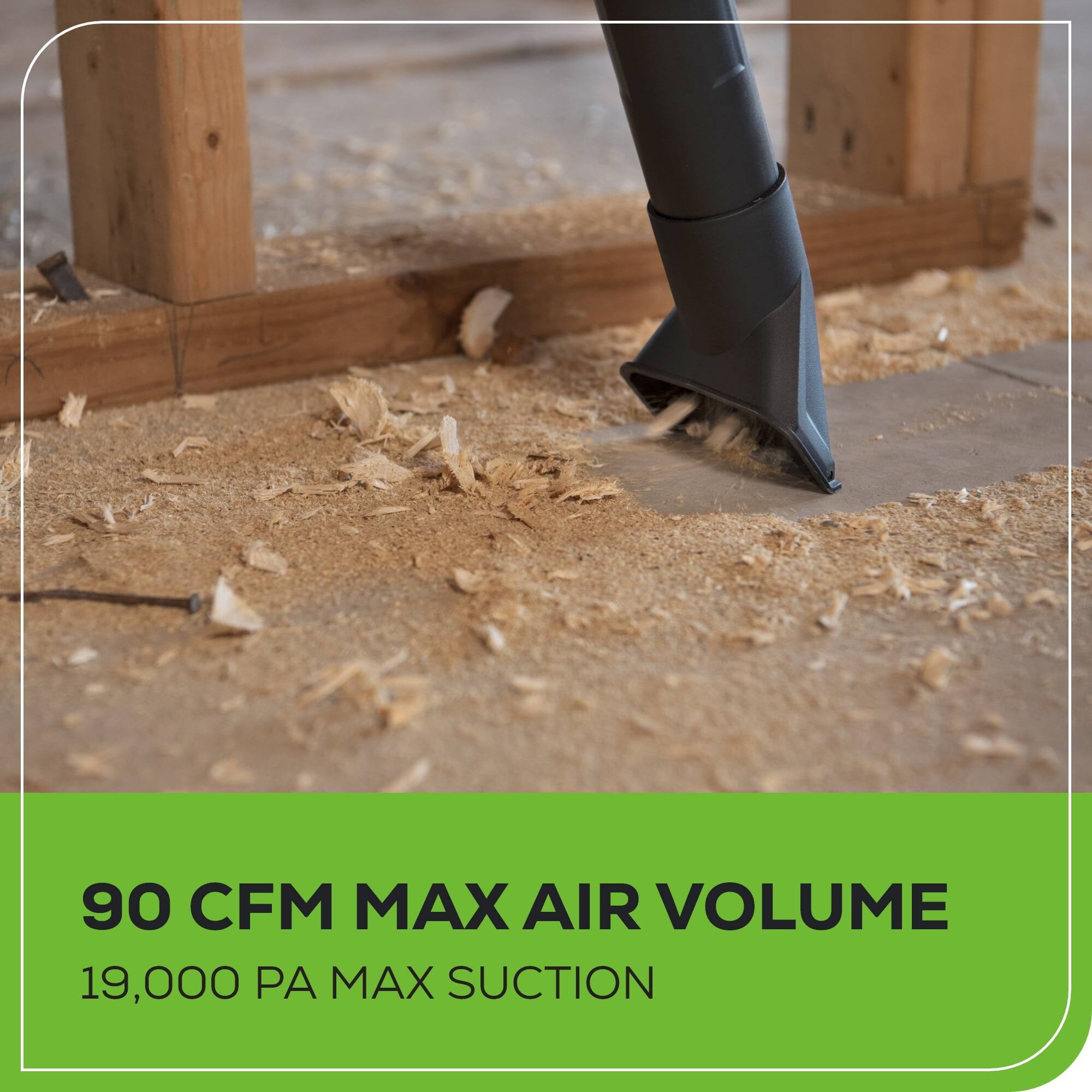 90 CFM MAX AIR VOLUME  
19,000 PA MAX SUCTION
