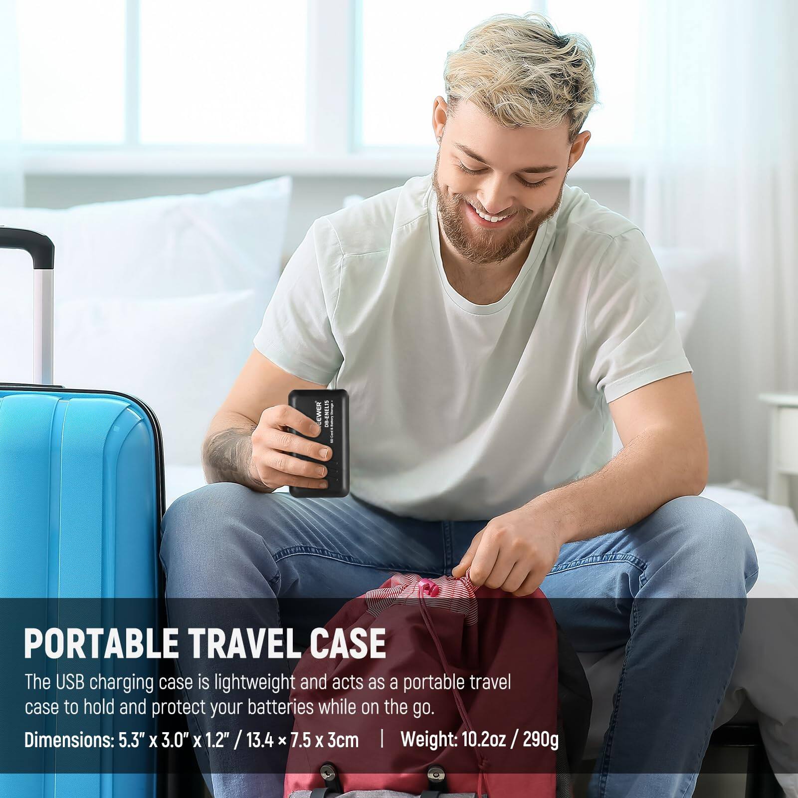 PORTABLE TRAVEL CASE

The USB charging case is lightweight and acts as a portable travel case to hold and protect your batteries while on the go.

Dimensions: 5.3" x 3.0" x 1.2" / 13.4 x 7.5 x 3cm

Weight: 10.2oz / 290g