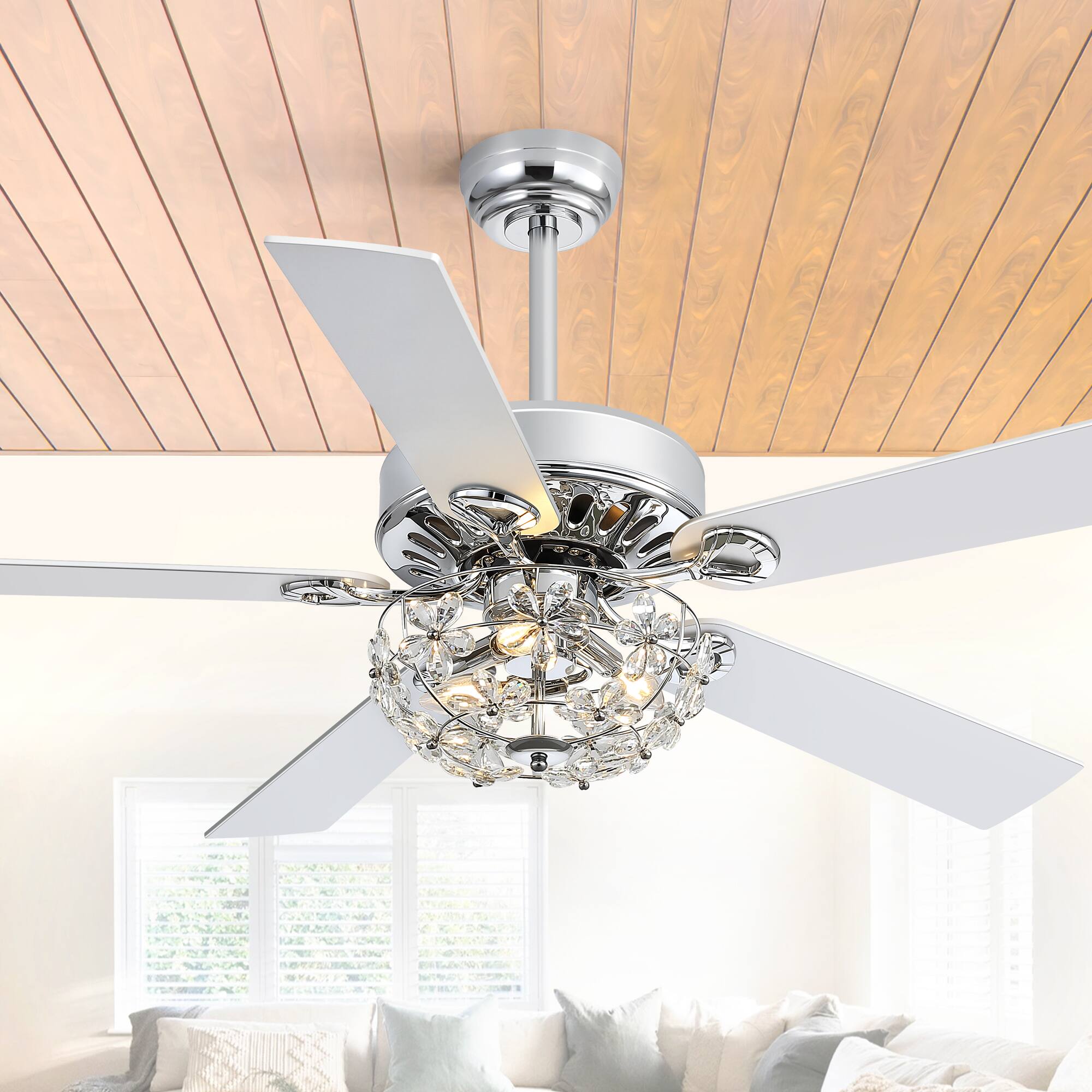 Angle. Breezary - 52-Inch Crystal Chandelier Ceiling Fan with 5 Reversible Blades, 6-Speed Remote, Timer, 5"/10" Downrod Mount - chrome and silver.