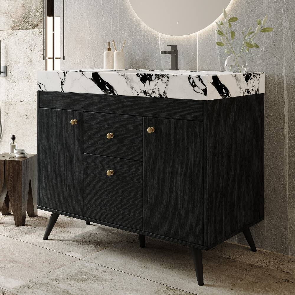 Back. Loheer - Loheer 36 inch freestanding bathroom vanity with sintered stone vanity top, ceramic sink, black and gold - Black/Gold/White.