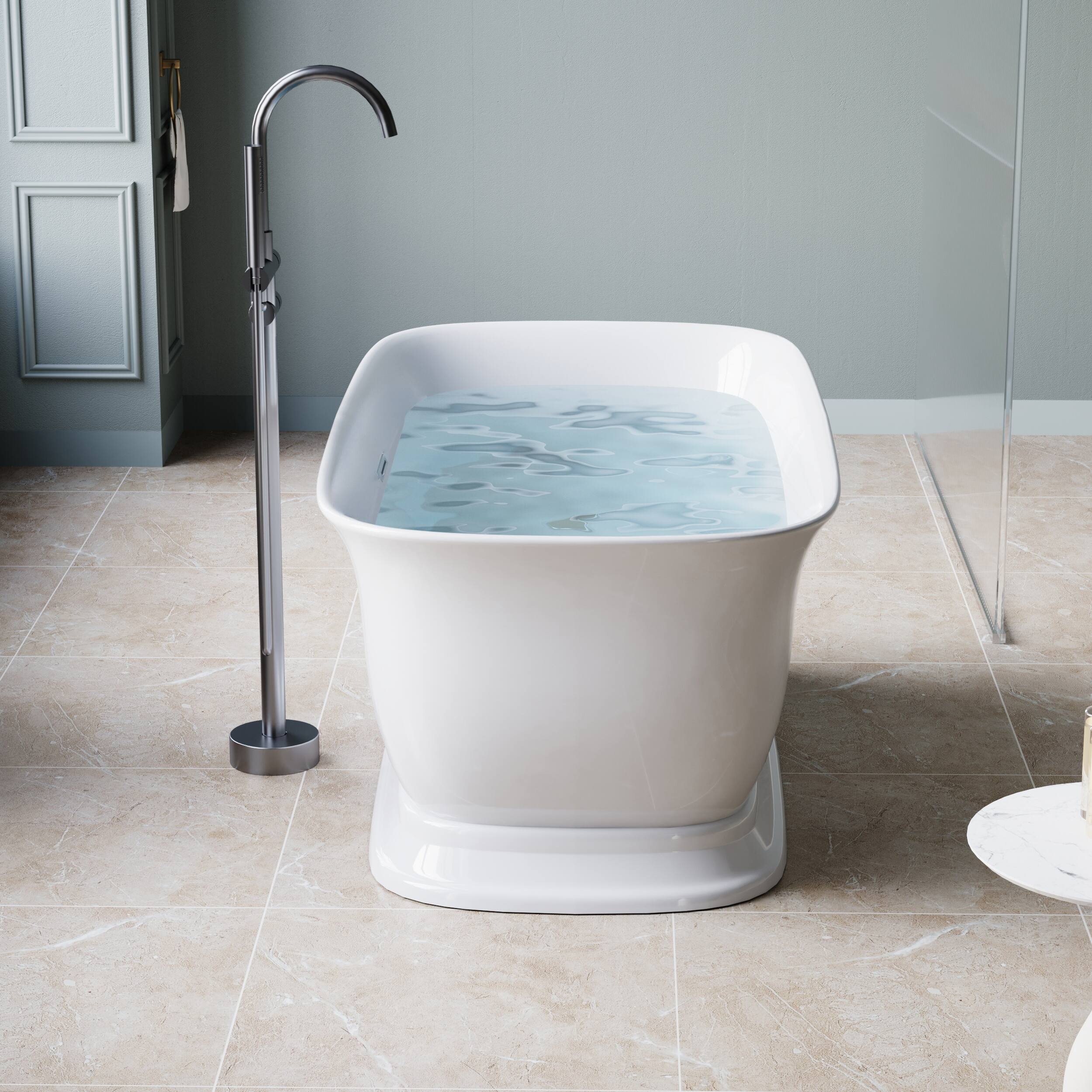 Left. WELLFOR - Tivor 59 in. x 31.5 in. Acrylic Freestanding Soaking Bathtub with Center Drain and Overflow - White.