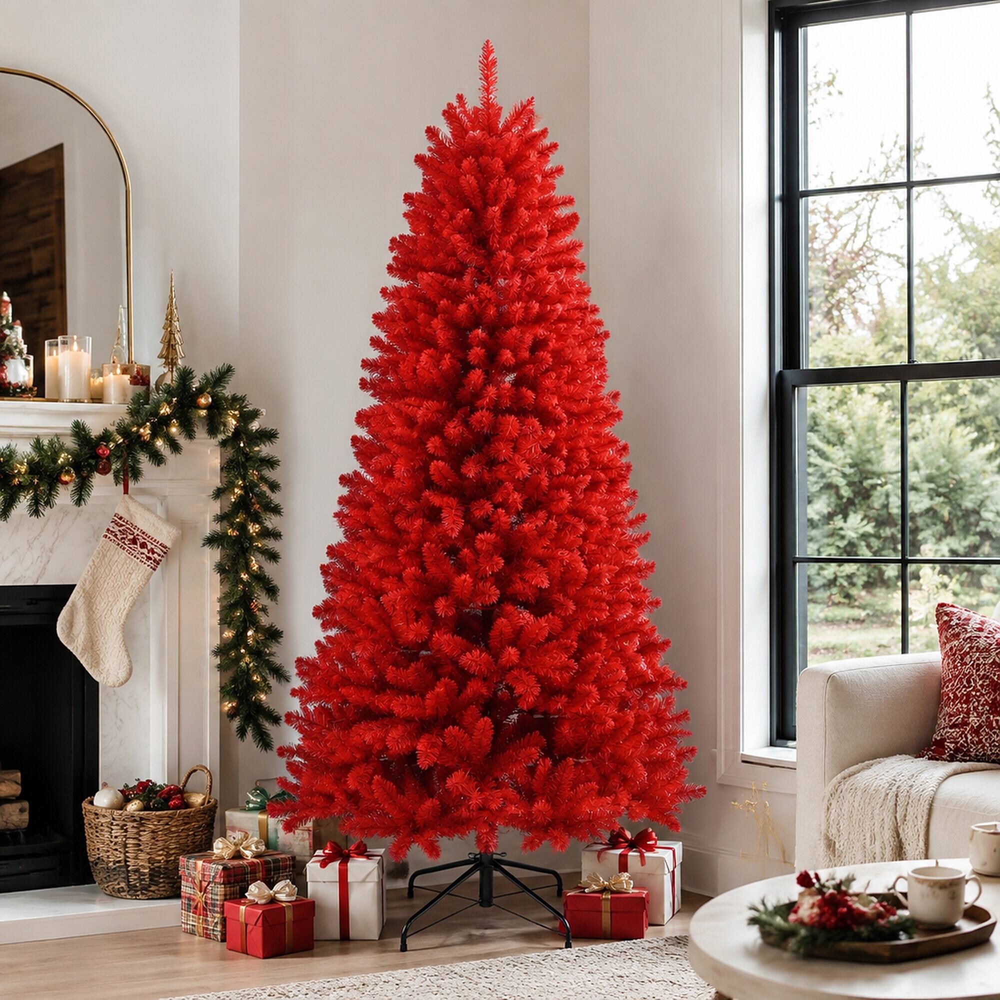 Back. RYHNUYNE - 5FT Pure Red PVC Christmas Tree, 624 Branch Tips Hinged Branches Stable Metal Stand Bold Holiday Decoration - Red.