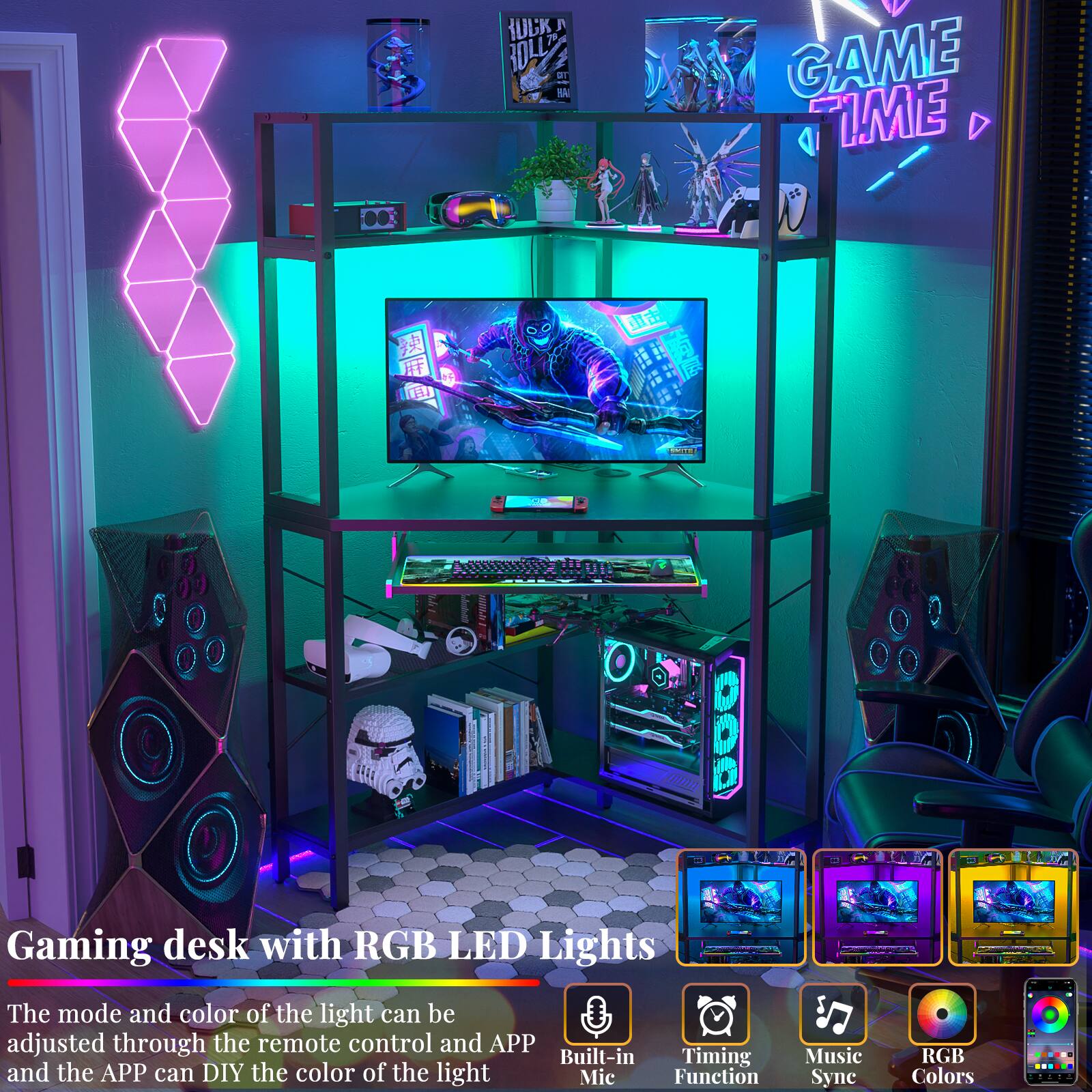 Gaming desk with RGB LED Lights

The mode and color of the light can be adjusted through the remote control and APP and the APP can DIY the color of the light

- Built-in Mic
- Timing Function
- Music Syne
- RGB Colors