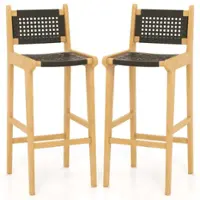 Costway 2 PCS 30" Teak Wood Bar Chair with Backrest & Footrest Bar Height Chair for Deck - Black + Natural - Front_Zoom