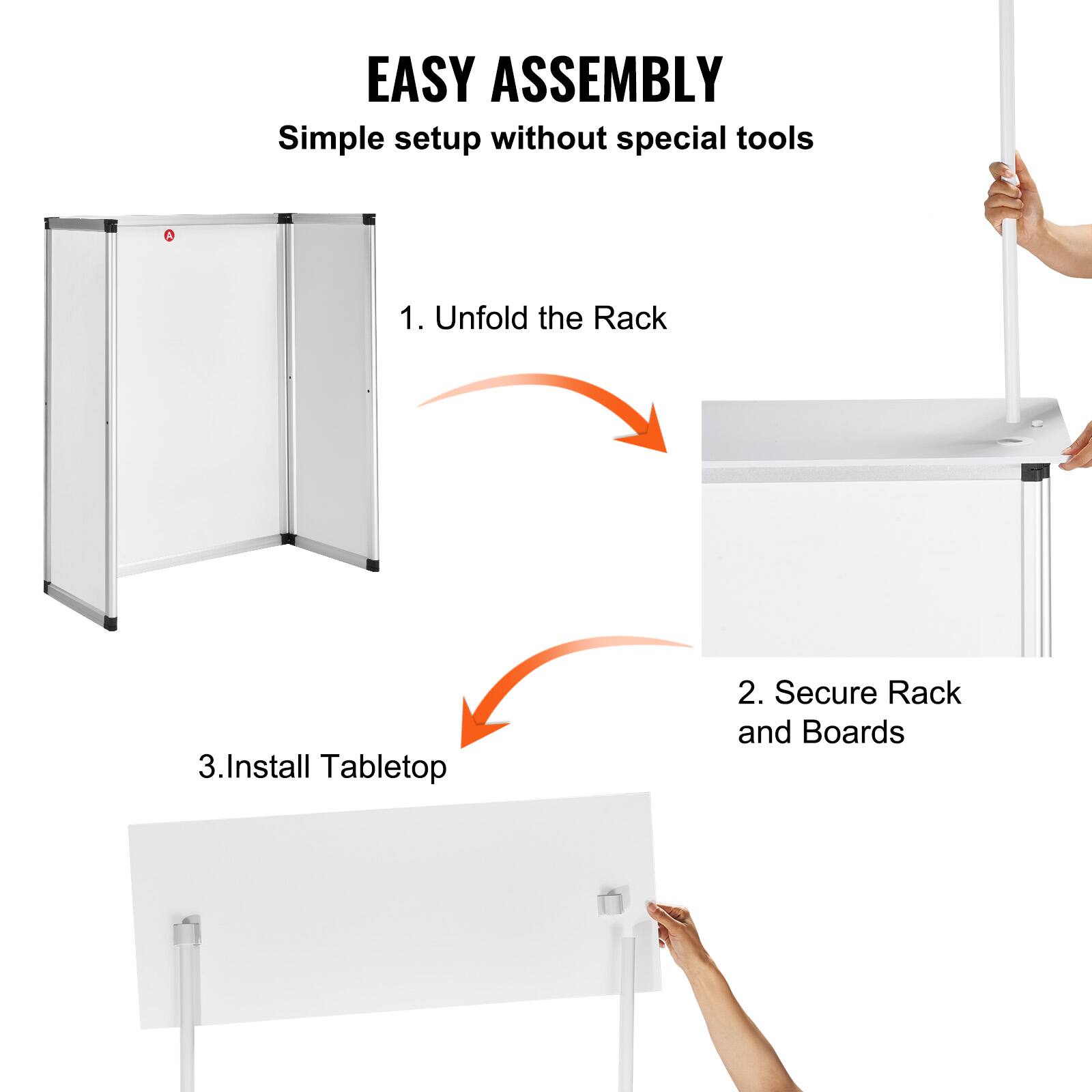 EASY ASSEMBLY  
Simple setup without special tools

1. Unfold the Rack  
2. Secure Rack and Boards  
3. Install Tabletop