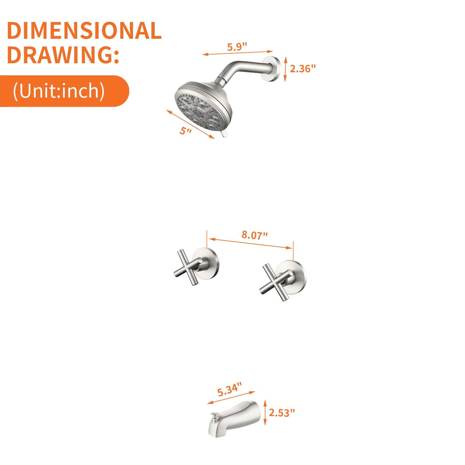 DIMENSIONAL DRAWING:  
(Unit: inch)  

- 5.9"  
- 2.36"  
- 5"  
- 8.07"  
- 5.34"  
- 2.53"