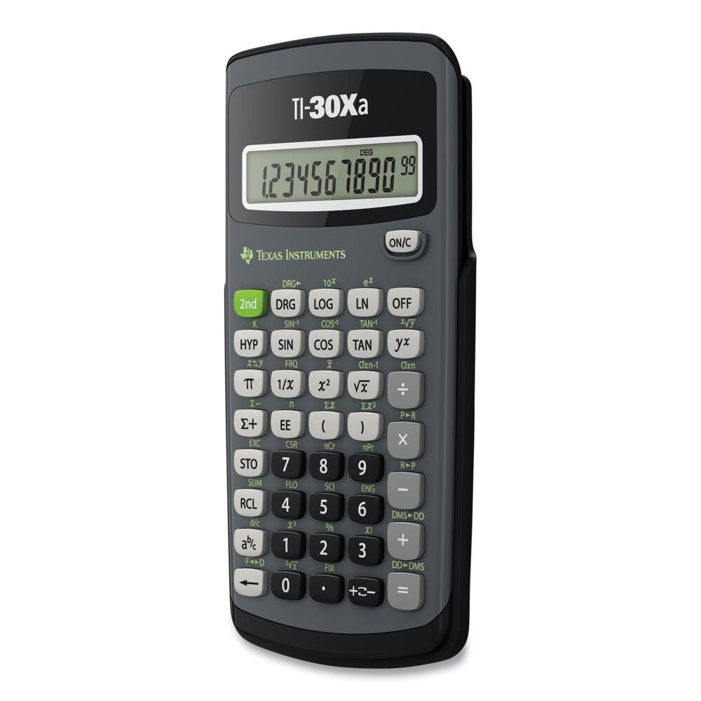 TI-30Xa  
DEG 99 623456 1890  
TEXAS INSTRUMENTS  
ON/C 2nd K HYP IY T I- + EXC STO SUM RCL d/c a% F*ND DRG DRG SINH SIN FRQ 1/X n EE CSR 7 FLO 4 x 1 NE 0 10 LOG COS- COS x2 EX ( nCr 8 sO 5 % 2 FIX ex LN OFF TAN- AY TAN yx Oxn-1 Oxn Vx EX2 PMR ) x nPr 9 RMP ENG - 6 DMS+DD XI + 3 DD-DMS =