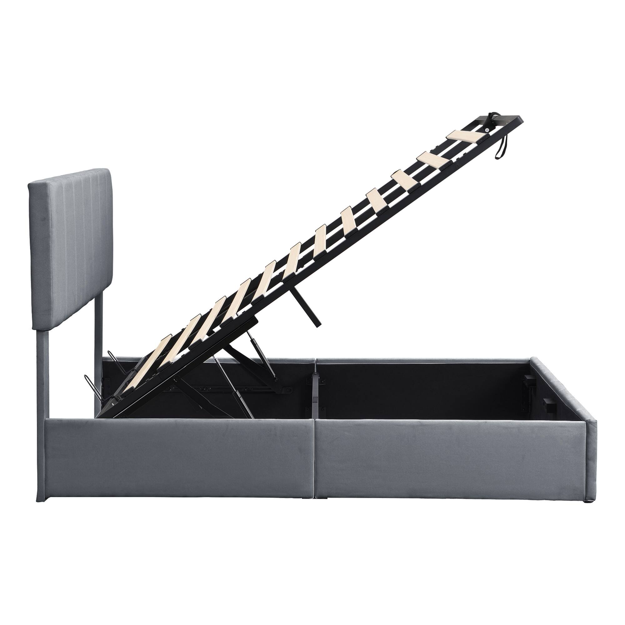 Alt View 8. GOODSILO - Full Size Upholstered Platform Bed with Hydraulic Storage System and Wooden Slat Support - Gray.