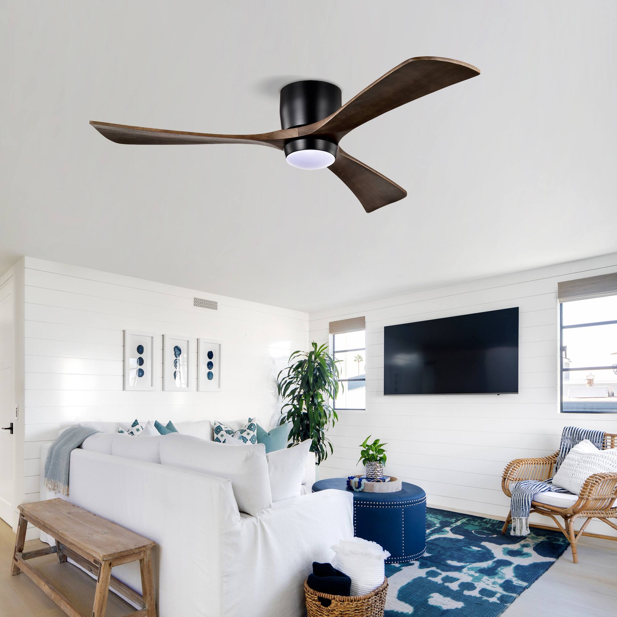 Left. Loheer - Loheer 52 Inch Flush Mount Wood Ceiling Fan with Light Matte Black Quiet DC Motor Remote for Bedroom Living Room.