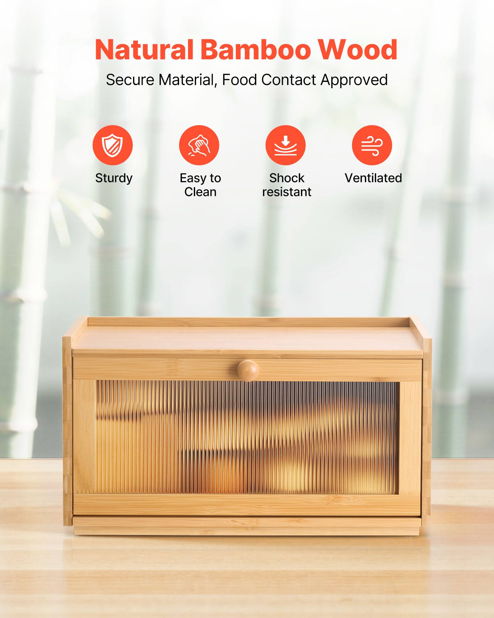 Natural Bamboo Wood

Secure Material, Food Contact Approved

Sturdy

Easy to Clean

Shock Resistant

Ventilated