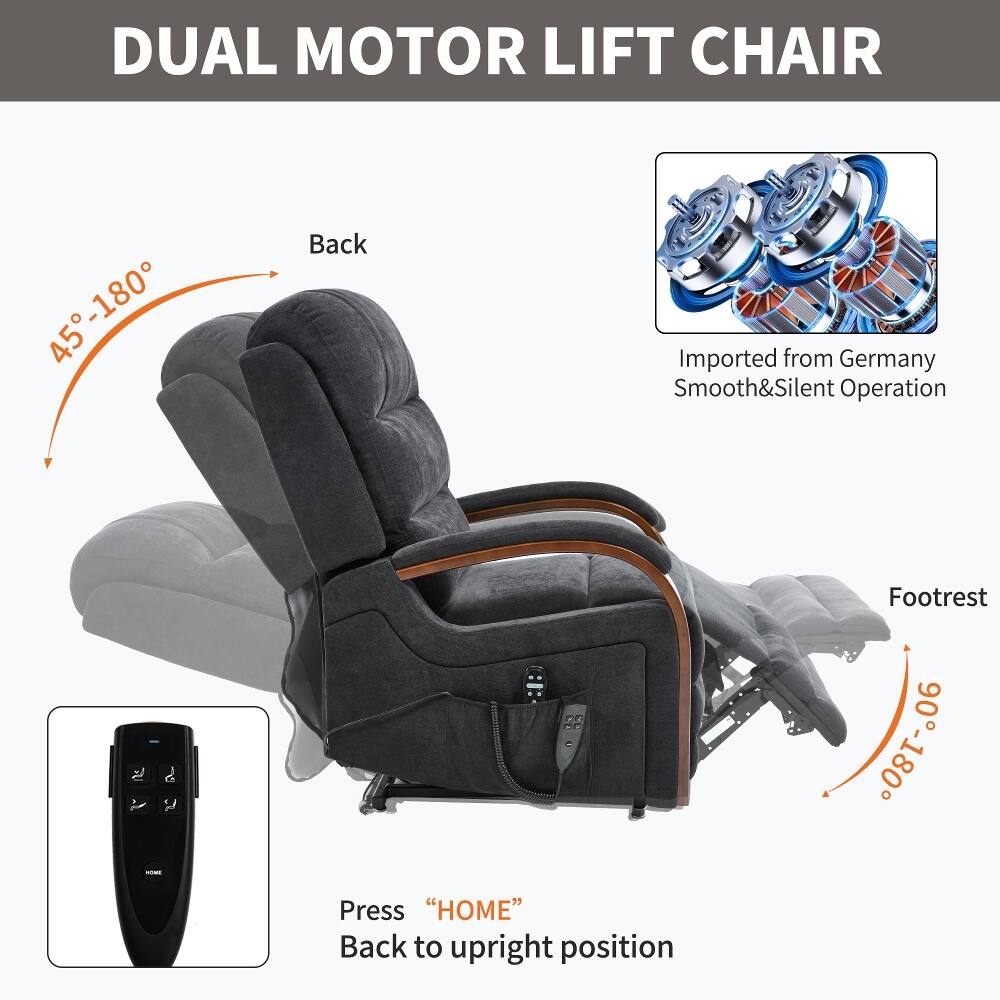 DUAL MOTOR LIFT CHAIR

45°-180°

Back

Imported from Germany
Smooth&Silent Operation

Press "HOME"
Back to upright position

Footrest 90°-180°