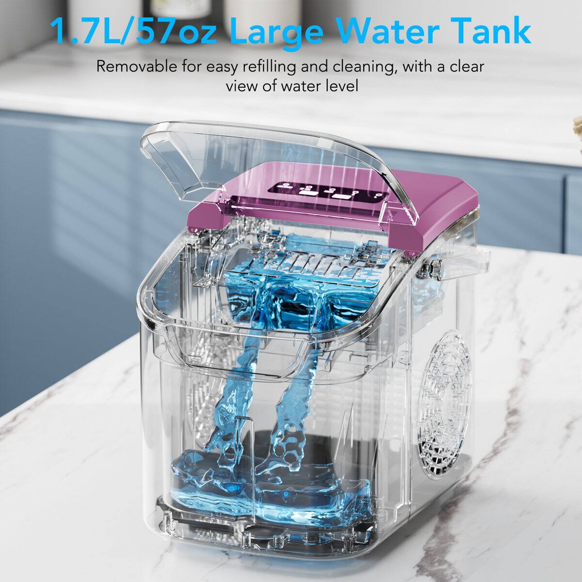 1.7L/57oz Large Water Tank  
Removable for easy refilling and cleaning, with a clear view of water level