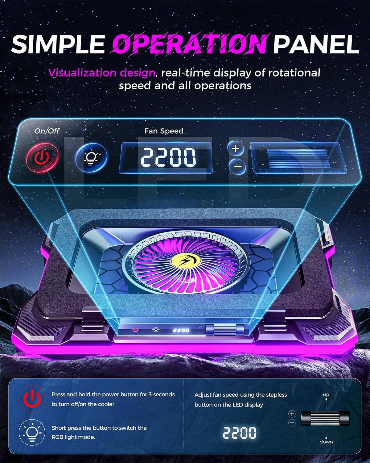 **SIMPLE OPERATION PANEL**

Visualization design, real-time display of rotational speed and all operations

- **On/Off**
- **Fan Speed 2200**

Press and hold the power button for 3 seconds to turn off/on the cooler.

Adjust fan speed using the stepless button on the LED display:
  - **+** up
  - **-** down

Short press the button to switch the RGB light mode.
