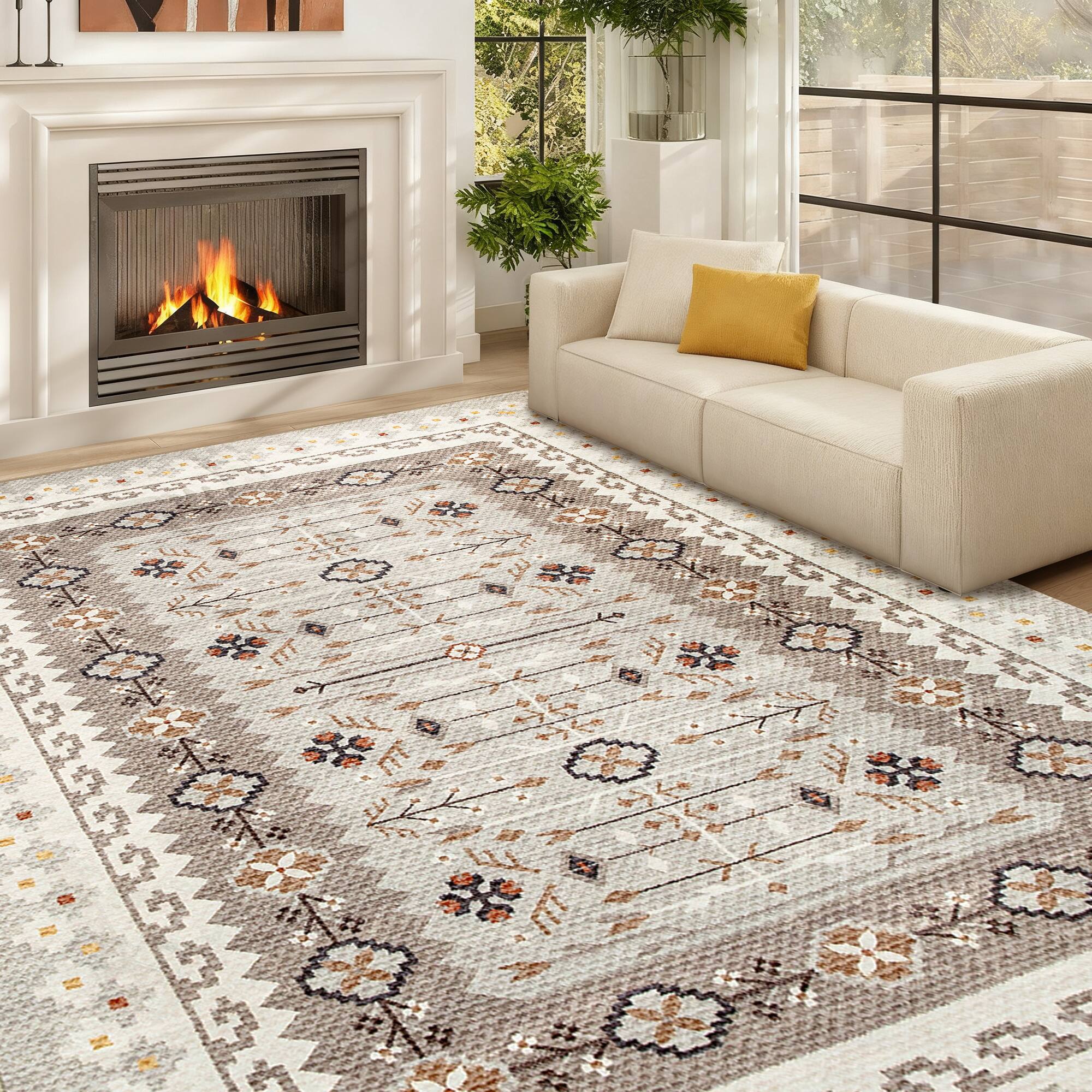 Alt View 1. Homcom - Washable Area Rug 4x6, Non-Slip Boho Flannel Print Floor Carpet for Living Room, Bedroom - Brown.