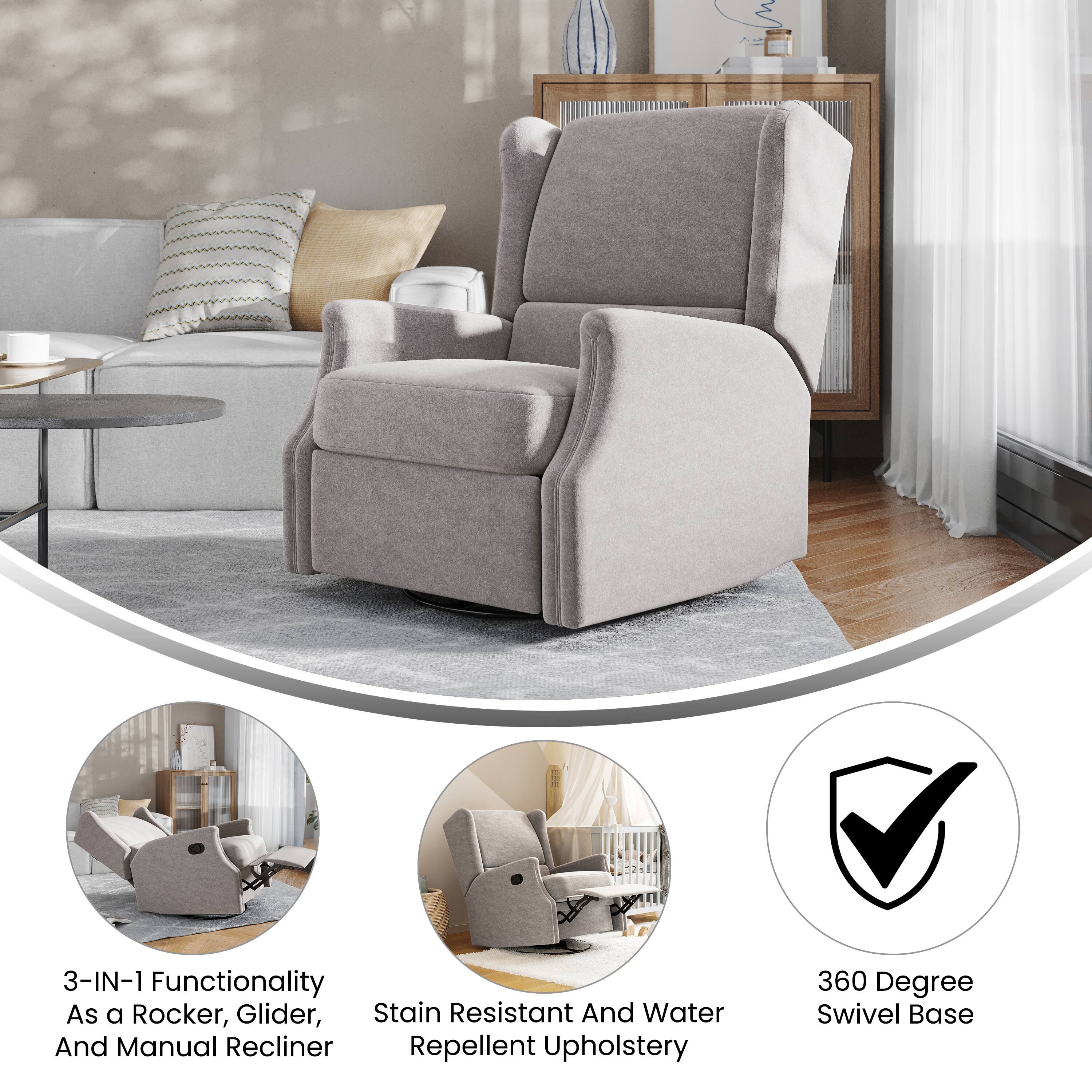 3-IN-1 Functionality  
As a Rocker, Glider, Stain Resistant And Water And Manual Recliner  
Repellent Upholstery  
360 Degree Swivel Base