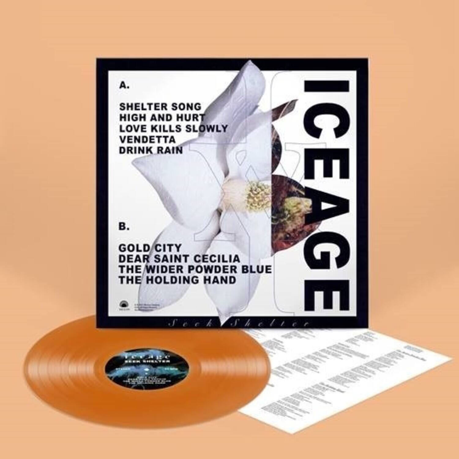 A.  
SHELTER SONG  
HIGH AND HURT  
LOVE KILLS SLOWLY  
VENDETTA  
DRINK RAIN  

B.  
GOLD CITY  
DEAR SAINT CECILIA  
THE WIDER POWDER BLUE  
THE HOLDING HAND  

Seek Shelter  

ICEAGE