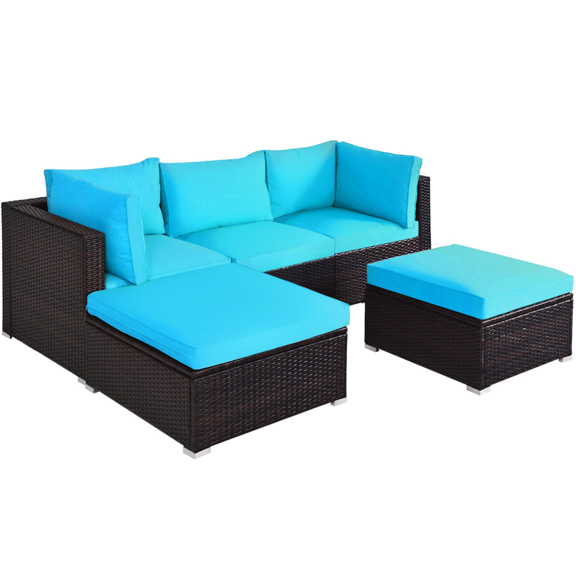 Alt View 1. Gymax - Gymax 5PCS Cushioned Rattan Patio Conversation Set Outdoor Furniture Set w/ Ottoman - Turquoise.
