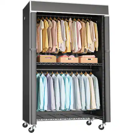 Front. Hirose Alice - FUTASSI Clothing Rack with Cover P1C Rolling Closet Rack with Wheels Metal Garment Rack for Hanging Clothes - Black Rack With Dark Gray Cover.