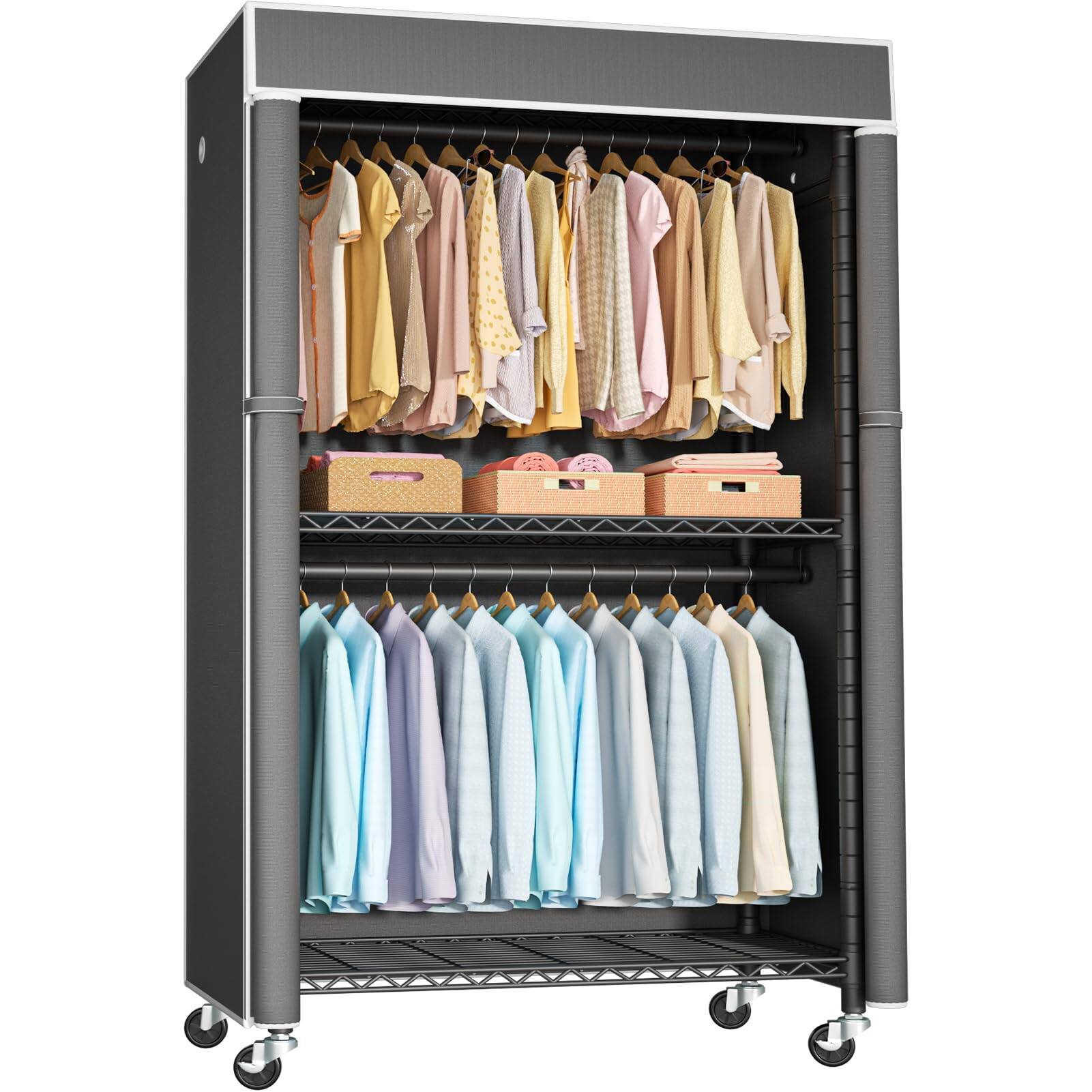 Front. Hirose Alice - FUTASSI Clothing Rack with Cover  P1C Rolling Closet Rack with Wheels  Metal Garment Rack for Hanging Clothes - Black Rack With Dark Gray Cover.