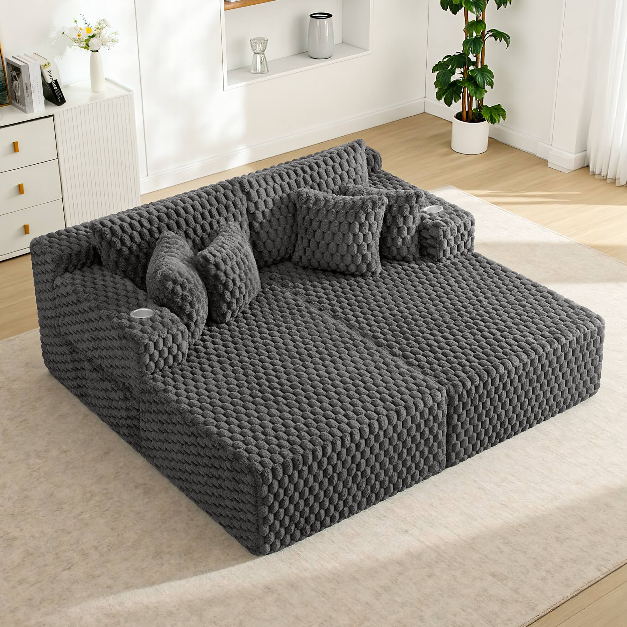 Front. KERDOM - 74'' Large Split Loveseat Chaise Lounge Couches Floor Sofa Chaise, Convertible Sleeper Sofa Bed with Pillows, Cup Holder - Grey.