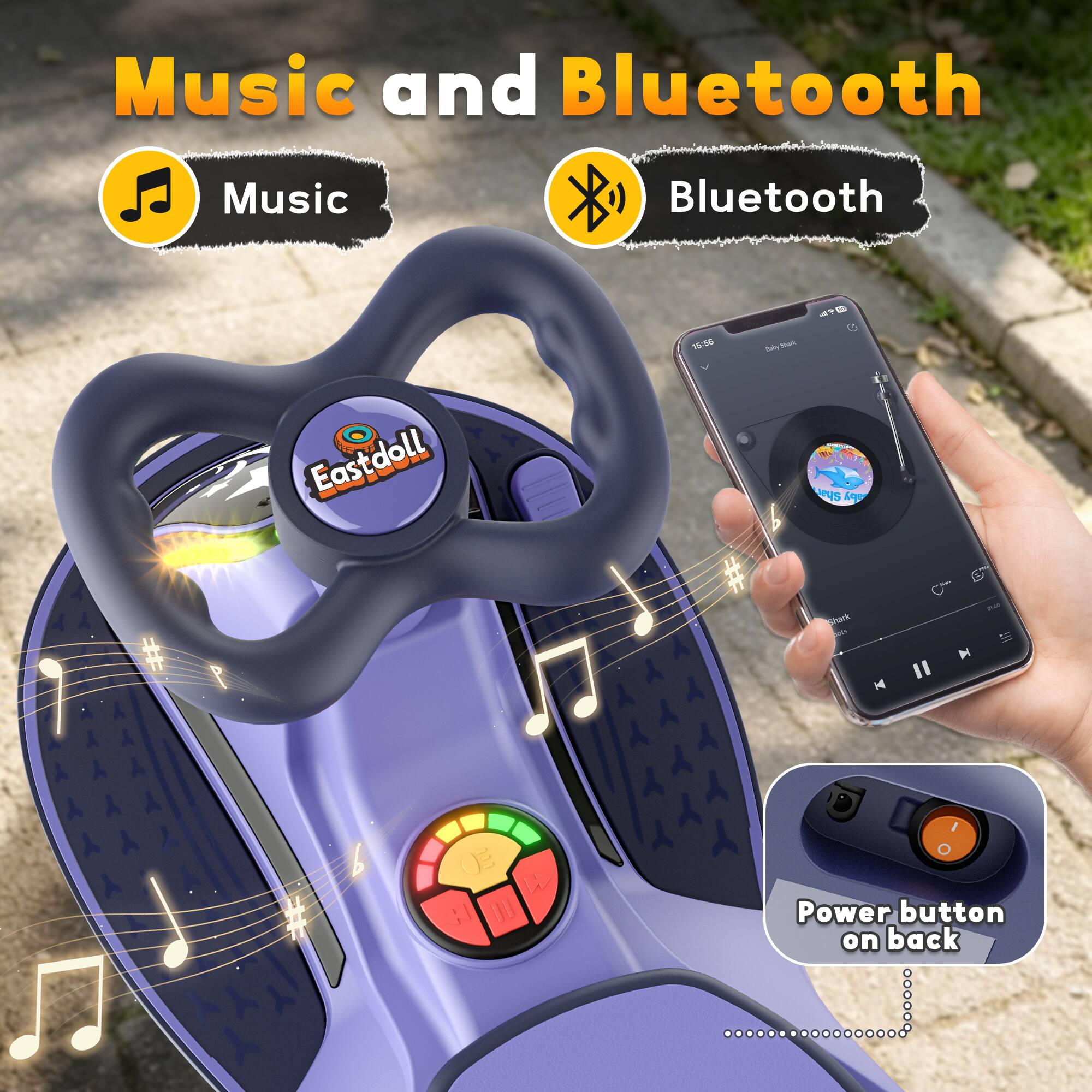 Music and Bluetooth

Music
Bluetooth

Eastdoll

15:36
49 Boby BabyShark 0% Shar aby

Snack pots

N

O

Power button on back