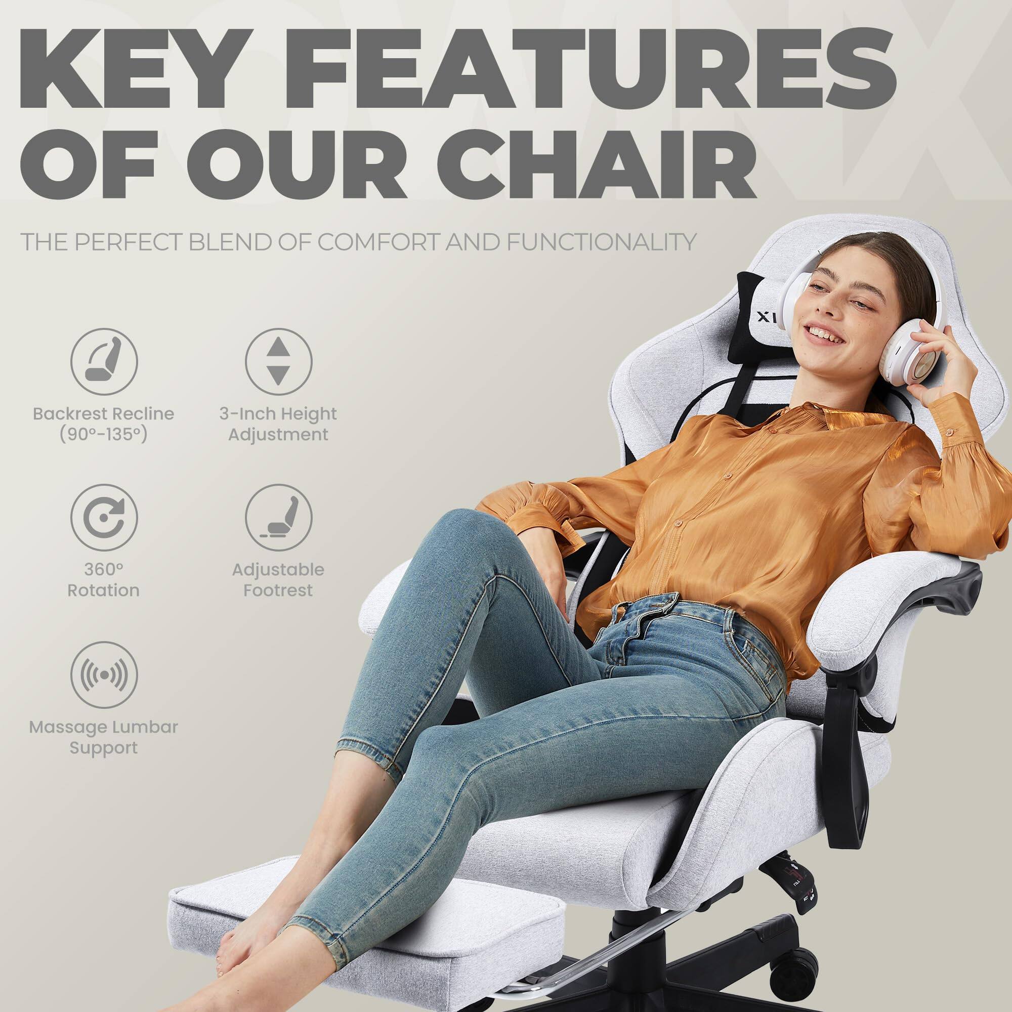KEY FEATURES OF OUR CHAIR

THE PERFECT BLEND OF COMFORT AND FUNCTIONALITY

- Backrest Recline (90°-135°)
- 3-Inch Height Adjustment
- 360° Rotation
- Adjustable Footrest
- Massage Lumbar Support