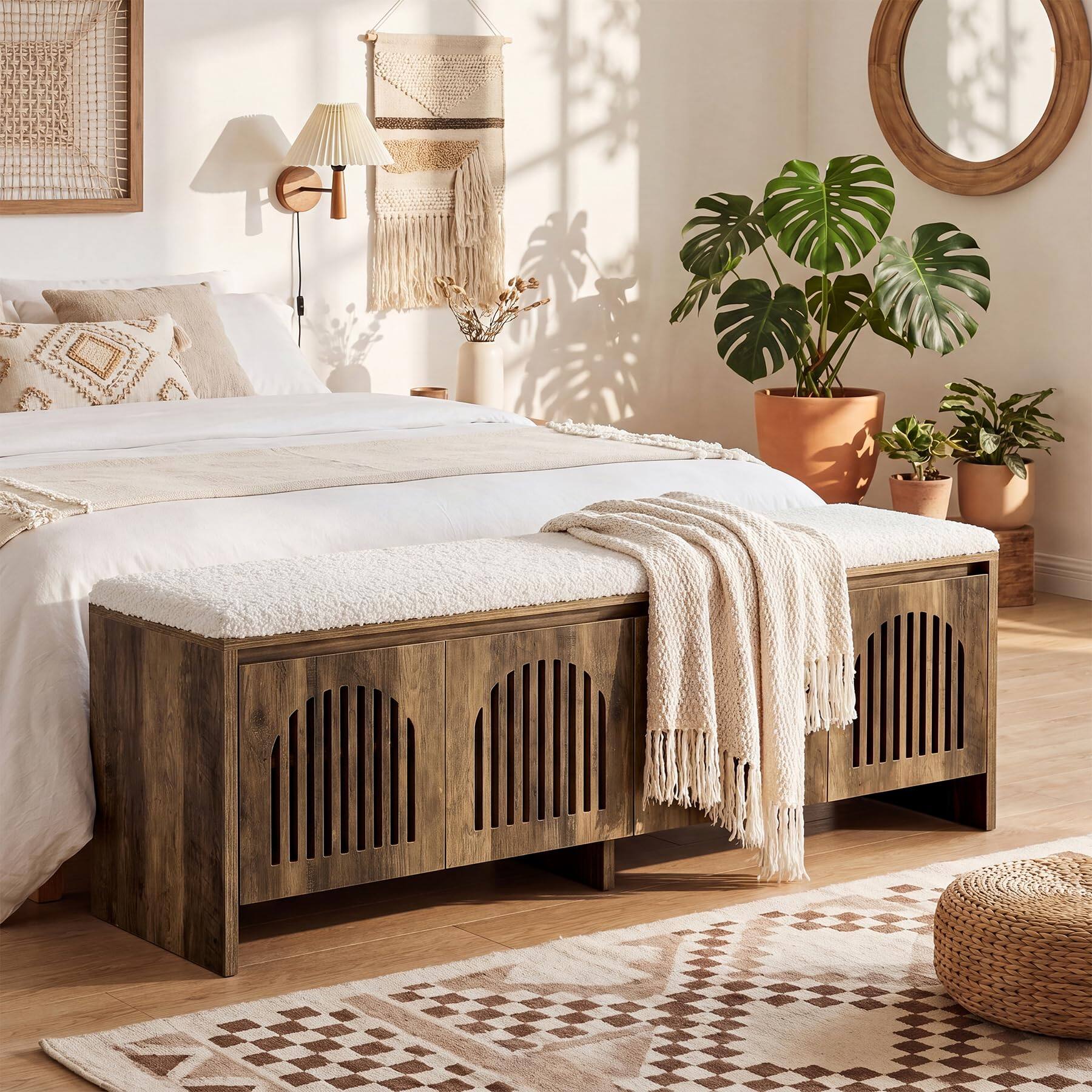 Alt View 1. Tribesigns - 55" Upholstered End of Bed Bench, Farmhouse Wooden Bedroom Bench with Storage Cabinet for Bedroom End of Bed, Living Roo - Brown and White.