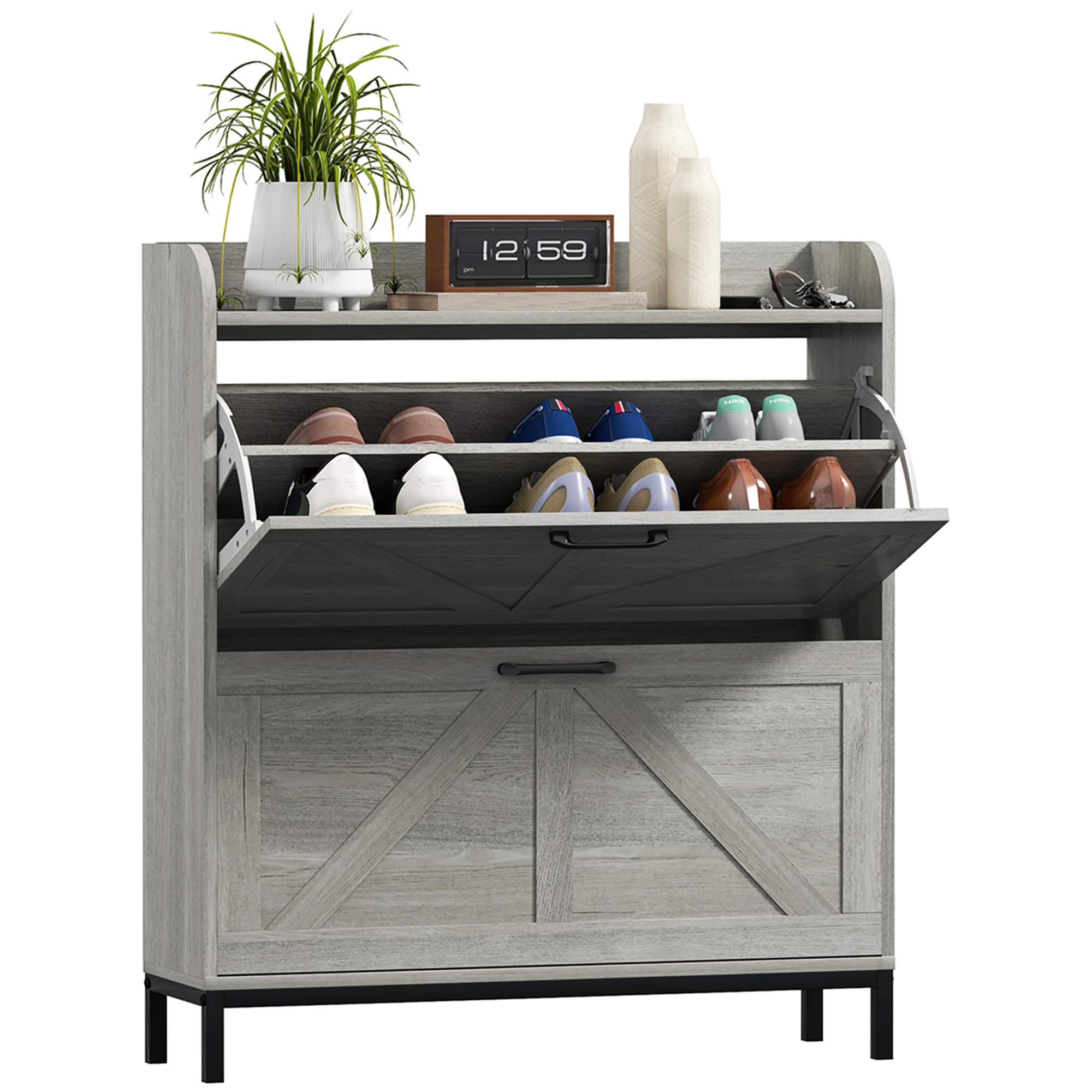 Homcom - Shoe Storage Cabinet with 2 Flip Drawers, Freestanding Narrow Farmhouse Style for Entryway​ - Light Gray