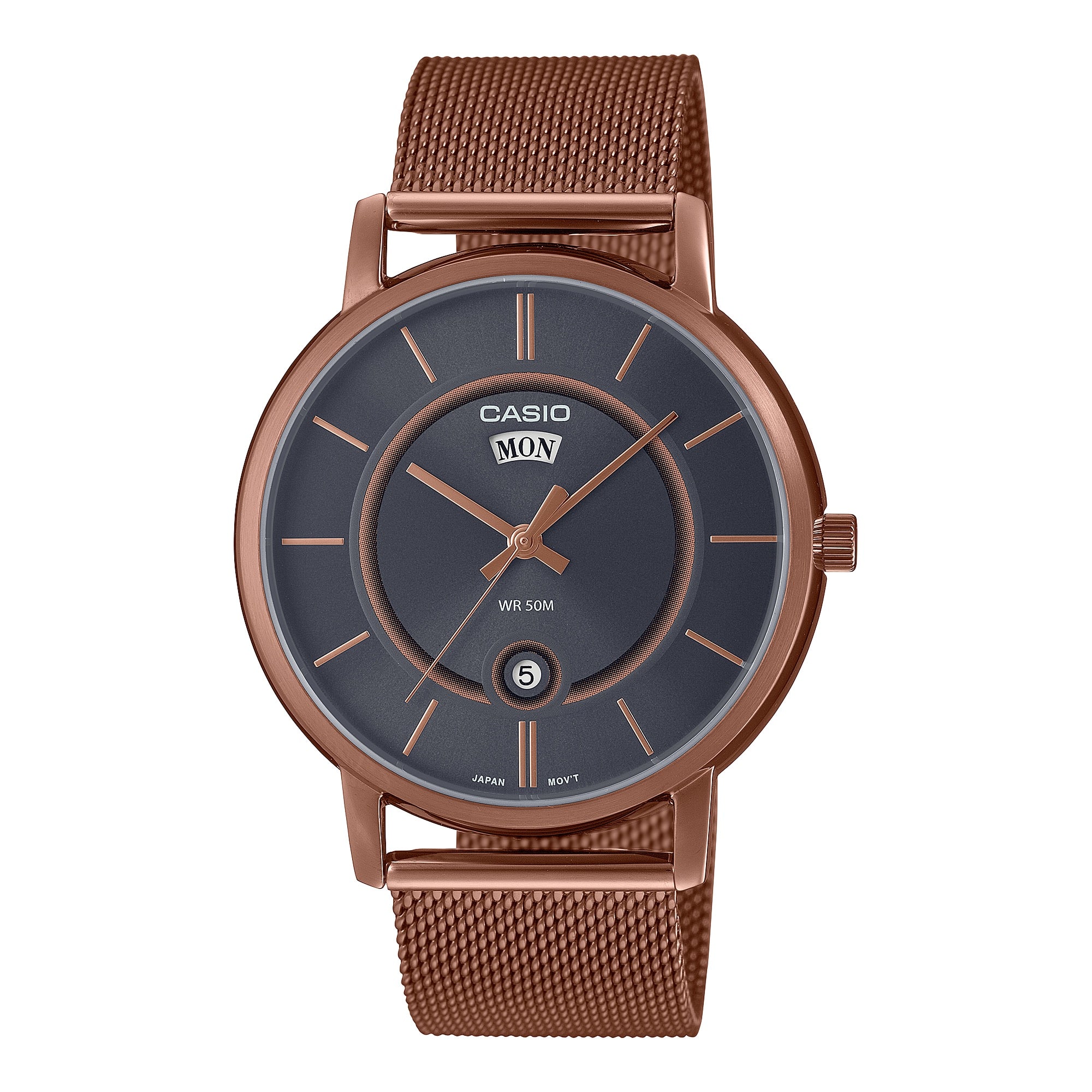 Casio - Men’s Rose Gold Gray Dial Stainless Steel Mesh Bracelet Watch - MTP-B120MR-8AVDF - Bronze