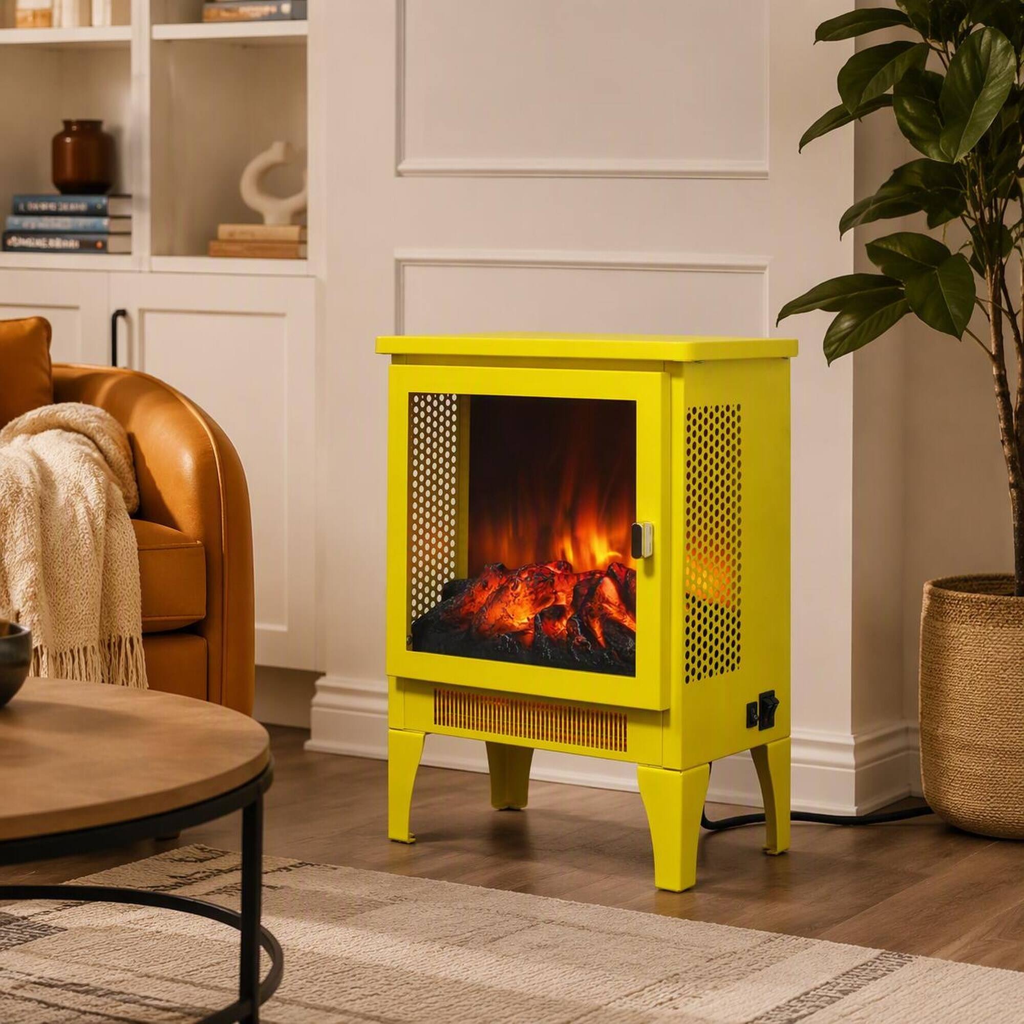 Back. RYHNUYNE - 18 Inch Lemon Yellow Freestanding Electric Fireplace Stove Heater, 3D Realistic Flame Effect For Home Decor - Bright yellow.