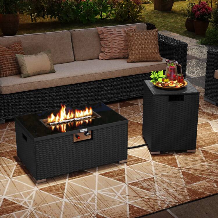 Angle. Mondawe - 2-Piece Outdoor Rattan Fire Table Set 32 Inch Rectangle Propane Firepit with Tank Cover - Black.
