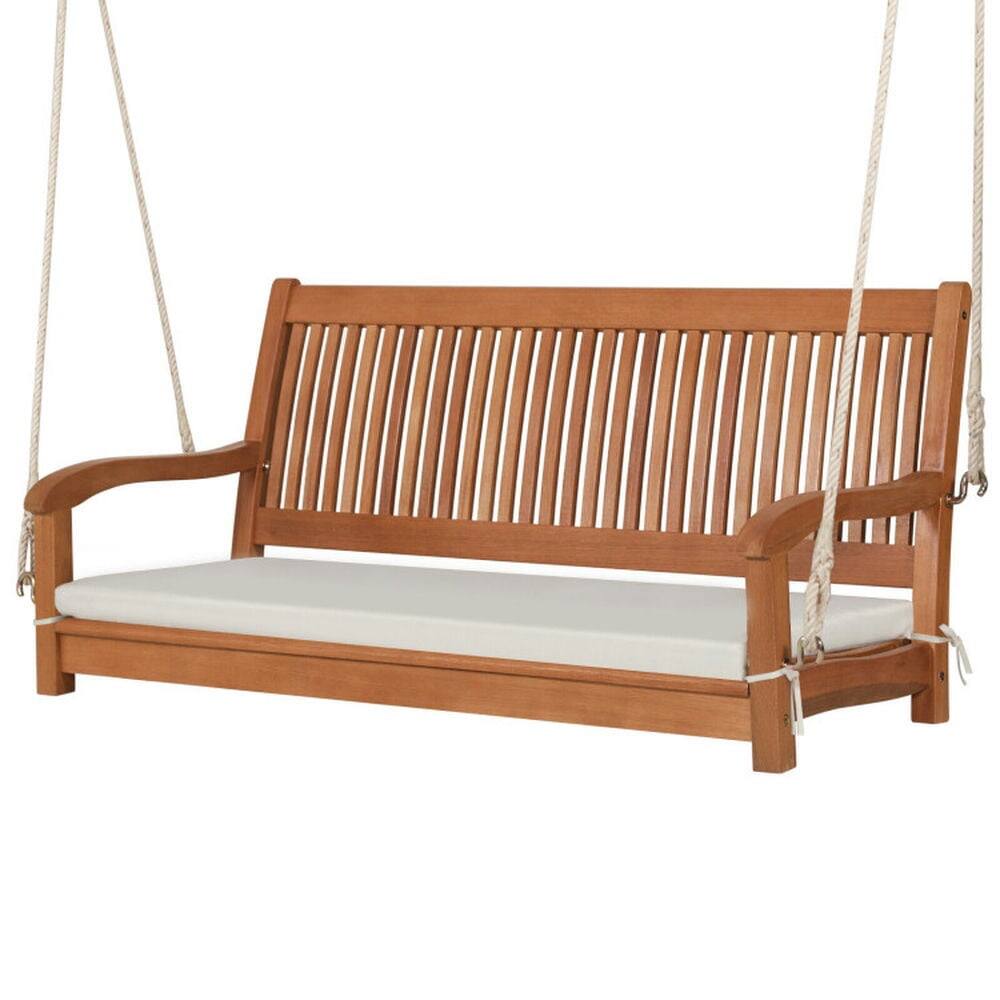 Angle. Pefilos - 2-Person Hnging Porch Swing Wood Bench, Swing Bench with Cushion Curved Bck, Well-Constructed Swing Bench for Outdoor - Brown.
