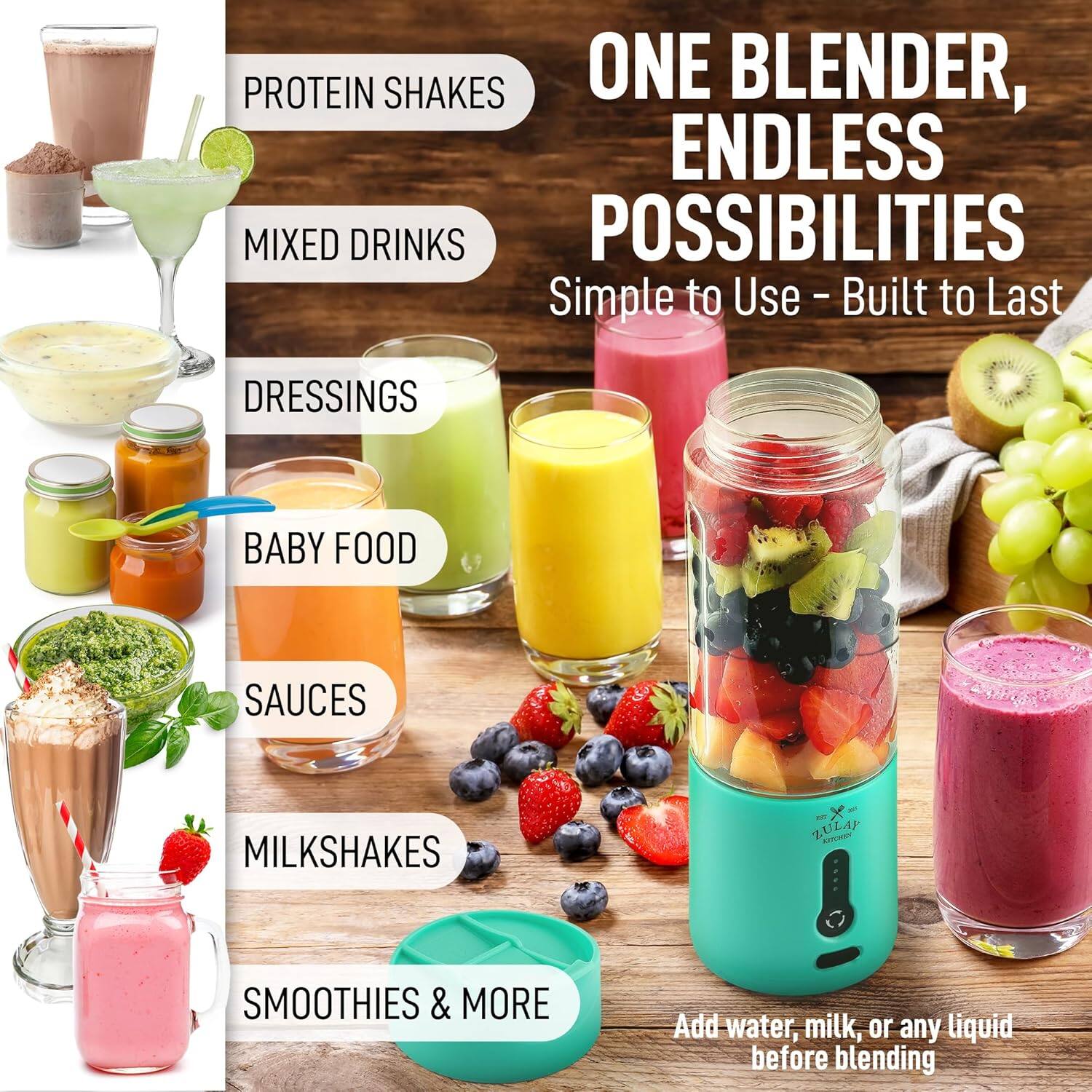 Protein Shakes  
Mixed Drinks  
Dressings  
Baby Food  
Sauces  
Milkshakes  
Smoothies & More  

One Blender, Endless Possibilities  
Simple to Use - Built to Last  

Add water, milk, or any liquid before blending