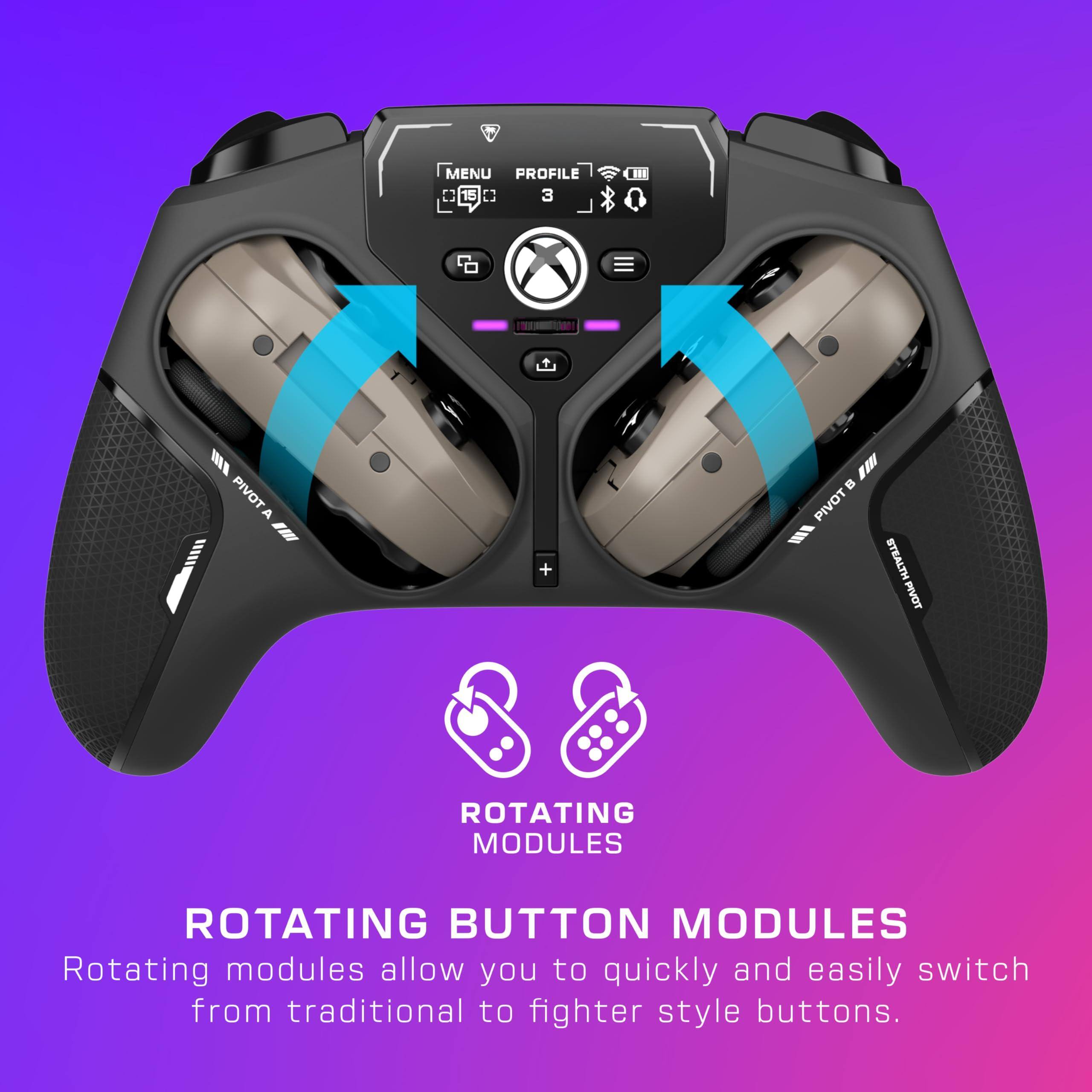 MENU PROFILE 15 . 3  
PIVOT A  
PIVOT M  
STEALTH  
PIVOT ROTATING MODULES  
ROTATING BUTTON MODULES  
Rotating modules allow you to quickly and easily switch from traditional to fighter style buttons.