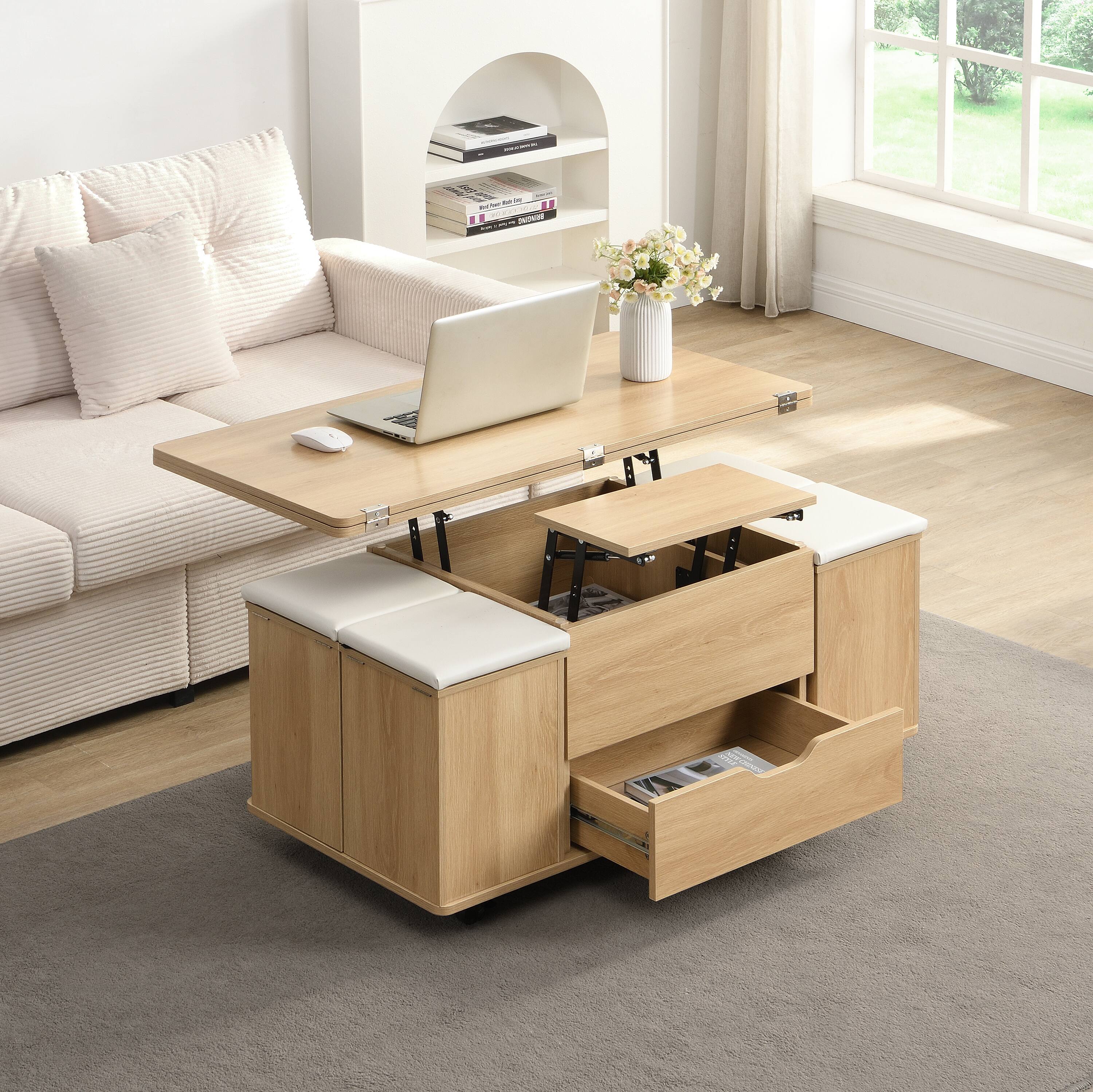Alt View 1. Ecooso - Coffee Table Multi-Functional Lift-Top with Storage and 4 Stools, Modern Center Table for Living Room - Natural+White.