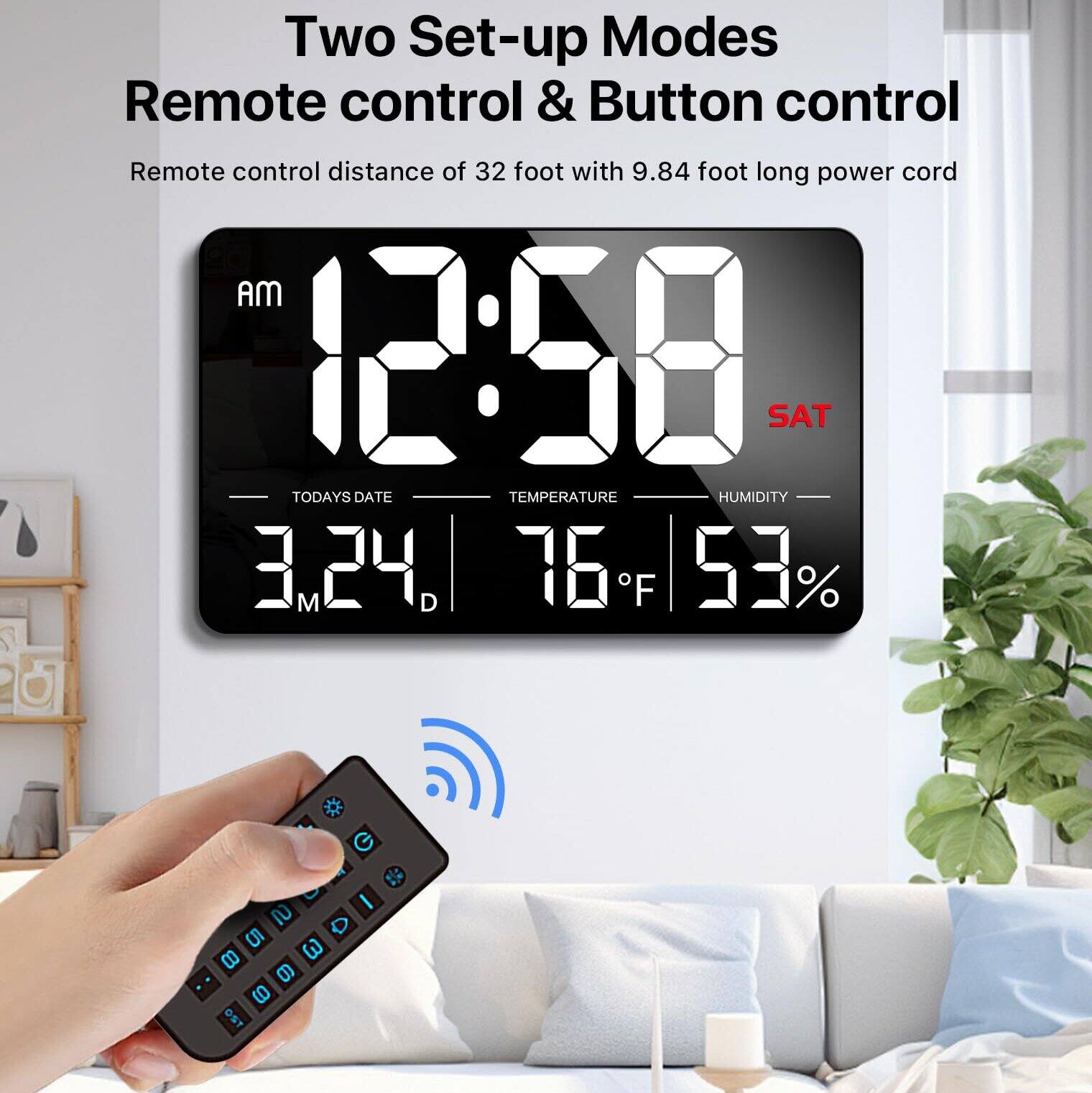 Two Set-up Modes  
Remote control & Button control  
Remote control distance of 32 foot with 9.84 foot long power cord  

AM 12:58  
SAT  
TODAY'S DATE 3.24.  
TEMPERATURE 76°F  
HUMIDITY 53%