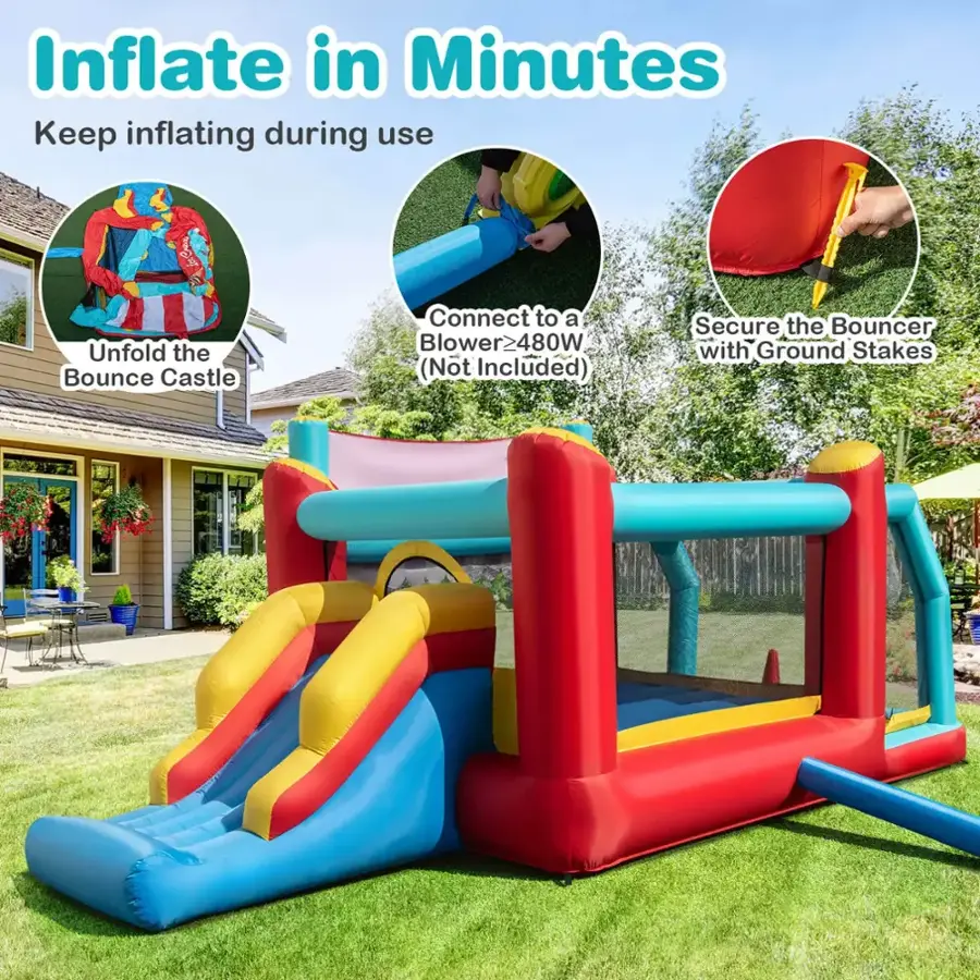 Inflate in Minutes: Keep inflating during use. Unfold the Bounce Castle. Connect to a Blower (480W, Not Included). Secure the Bouncer with Ground Stakes.