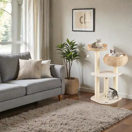 Front. BreeBe - 41-Inch Feline Activity Tower with Rattan Construction and Sleep Platform - White.