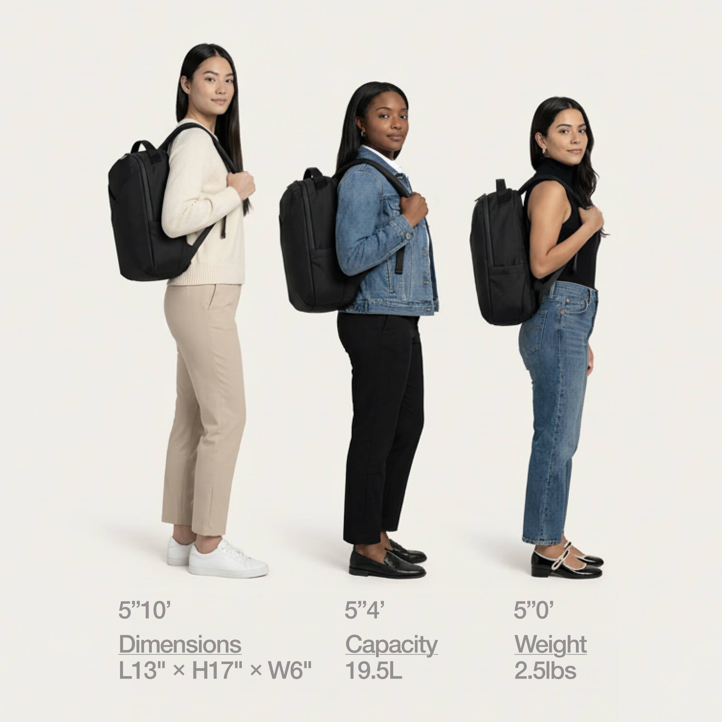 5'10"  
Dimensions: L13" x H17" x W6"  
5'4"  
Capacity: 19.5L  
5'0"  
Weight: 2.5lbs