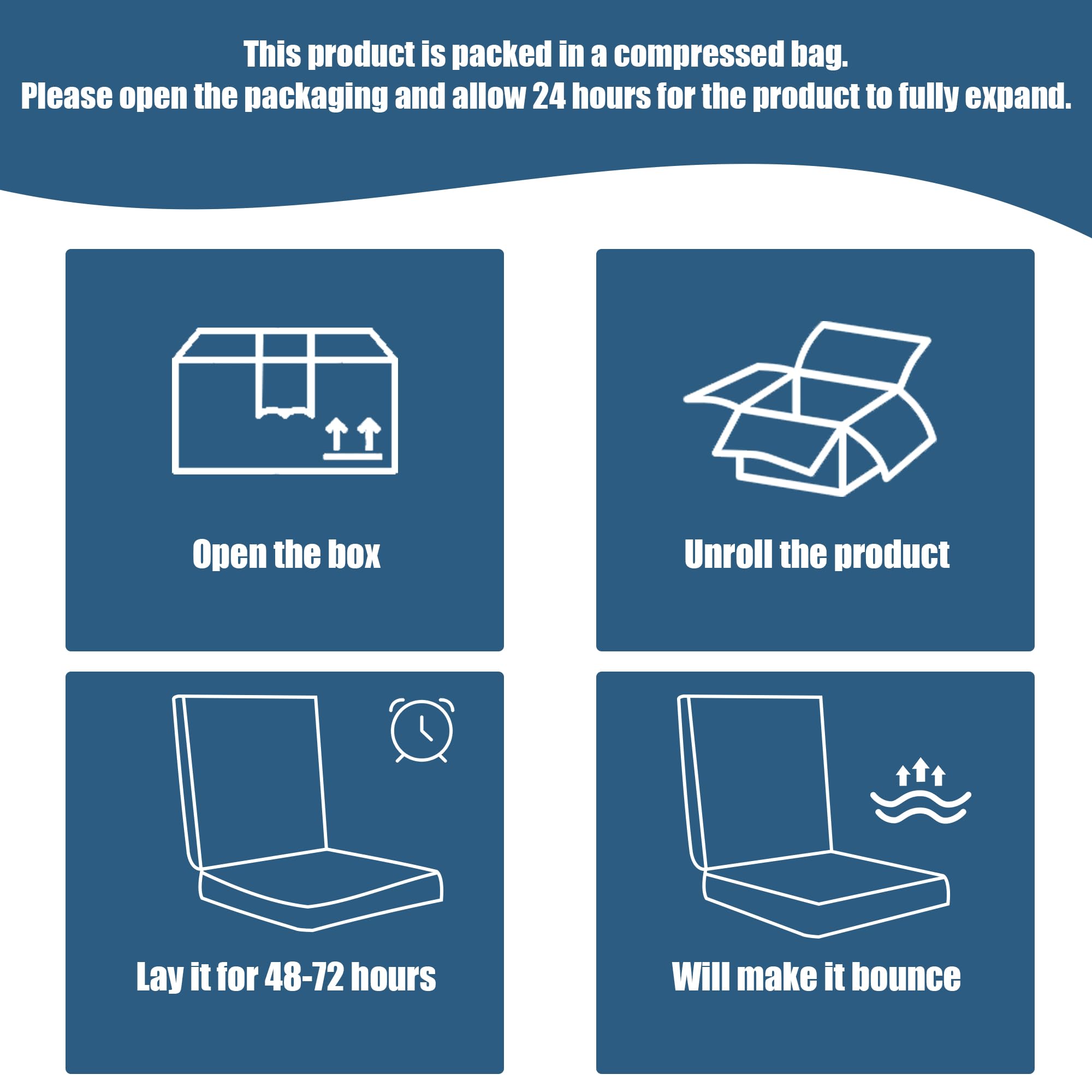 This product is packed in a compressed bag. Please open the packaging and allow 24 hours for the product to fully expand.

1. Open the box
2. Unroll the product
3. Lay it for 48-72 hours
4. Will make it bounce