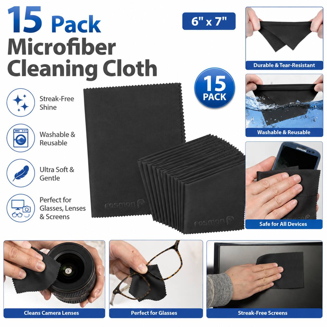 15 Pack Microfiber Cleaning Cloth Streak-Free Shine 6" X 7" 15 PACK Durable & Tear-Resistant Washable & Reusable Ultra Soft & Gentle Perfect for Glasses, Lenses & Screens Fosmon Safe for All Devices Cleans Camera Lenses