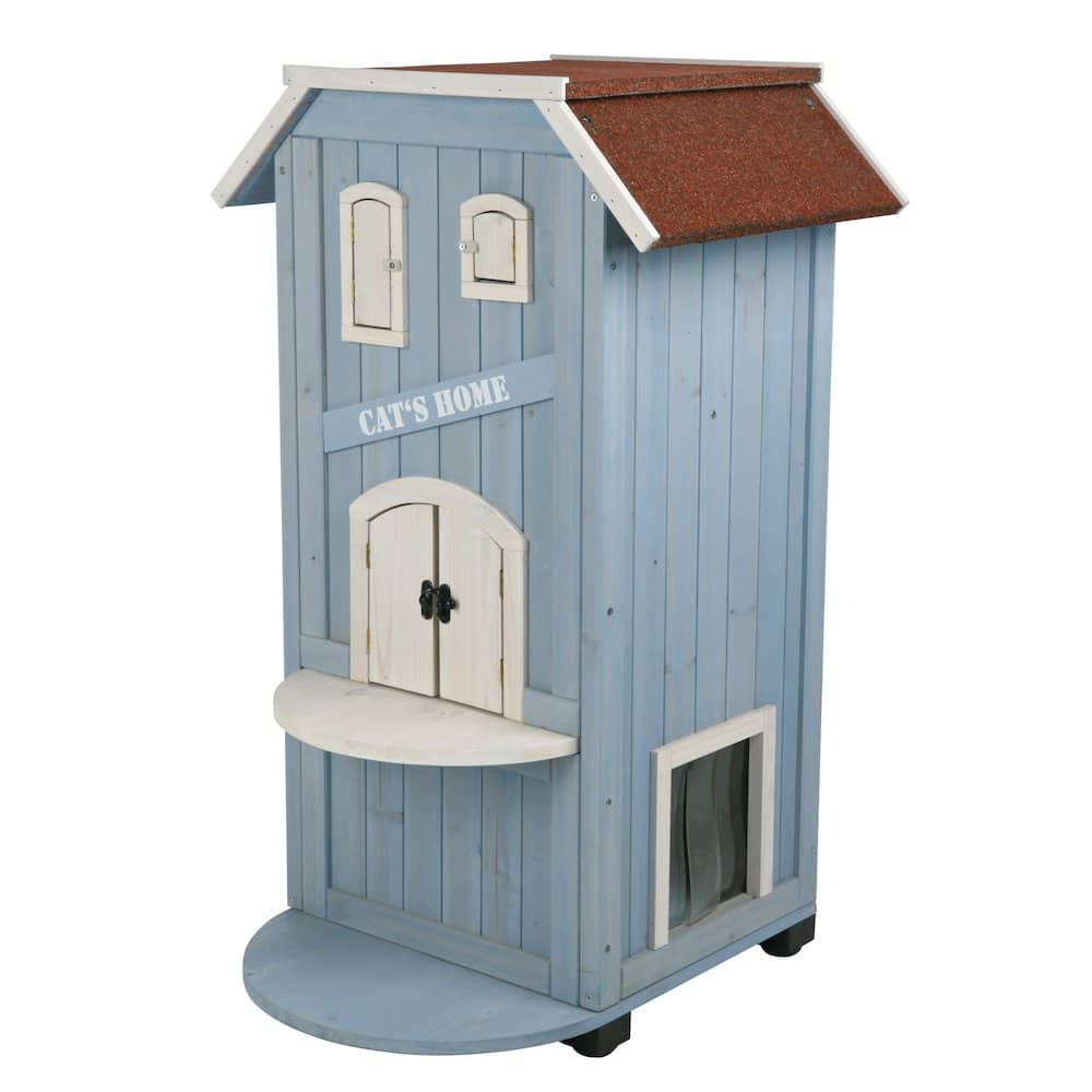TRIXIE - Natura 3-Story Weatherproof Small Outdoor Cat House with 2 Entrances - Blue
