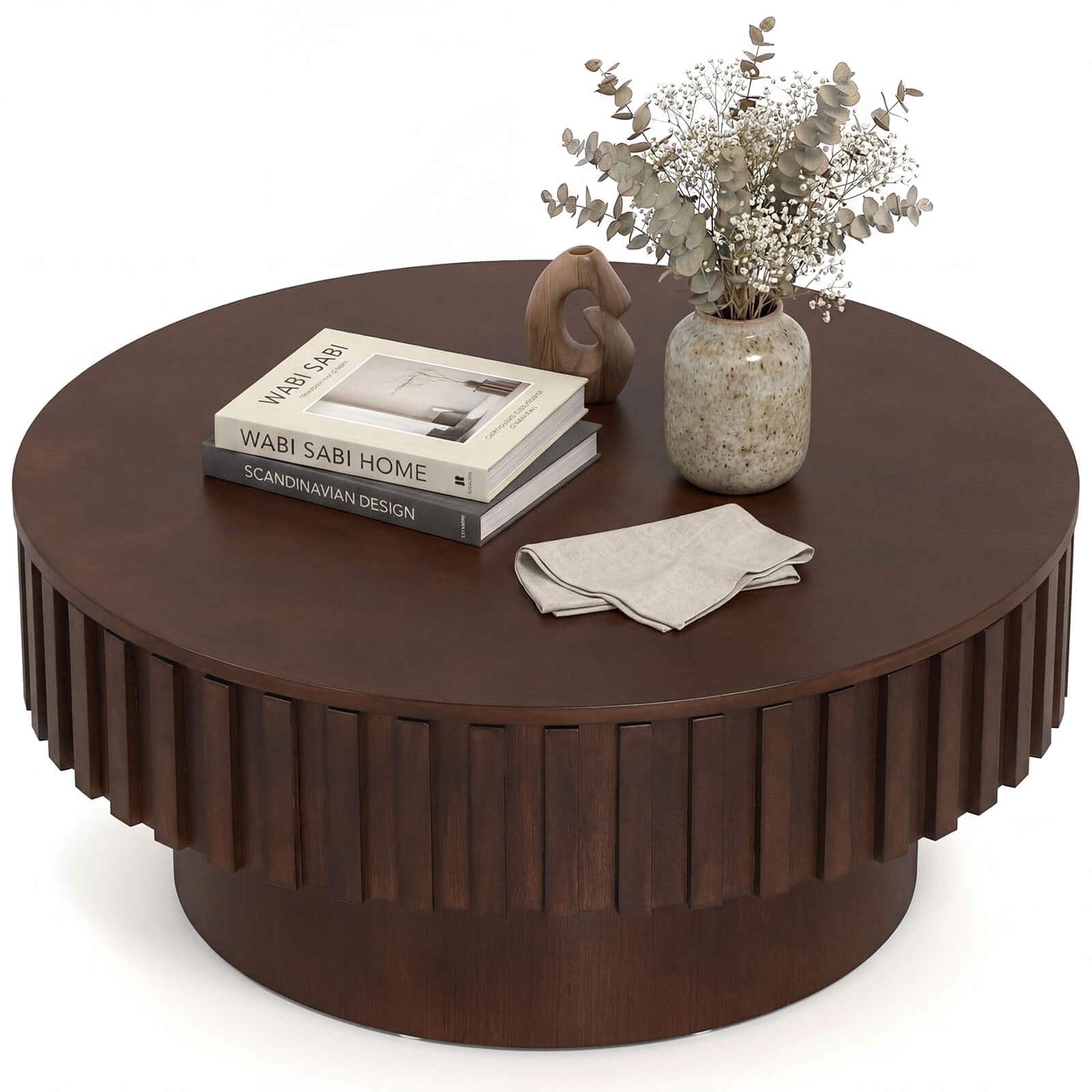 Costway - Round Coffee Table with Storage, Wooden Drum Coffee Table with Hidden Compartment - Walnut
