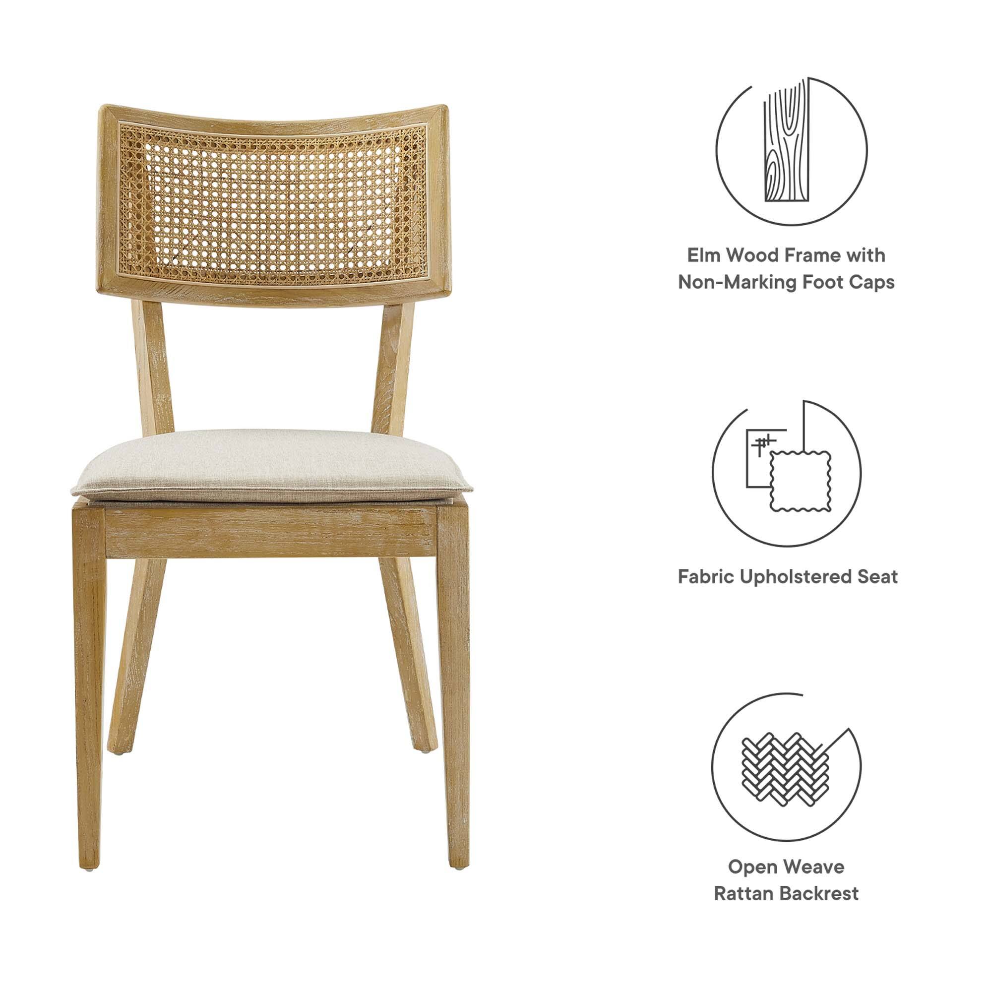 Elm Wood Frame with Non-Marking Foot Caps  
Fabric Upholstered Seat  
Open Weave Rattan Backrest