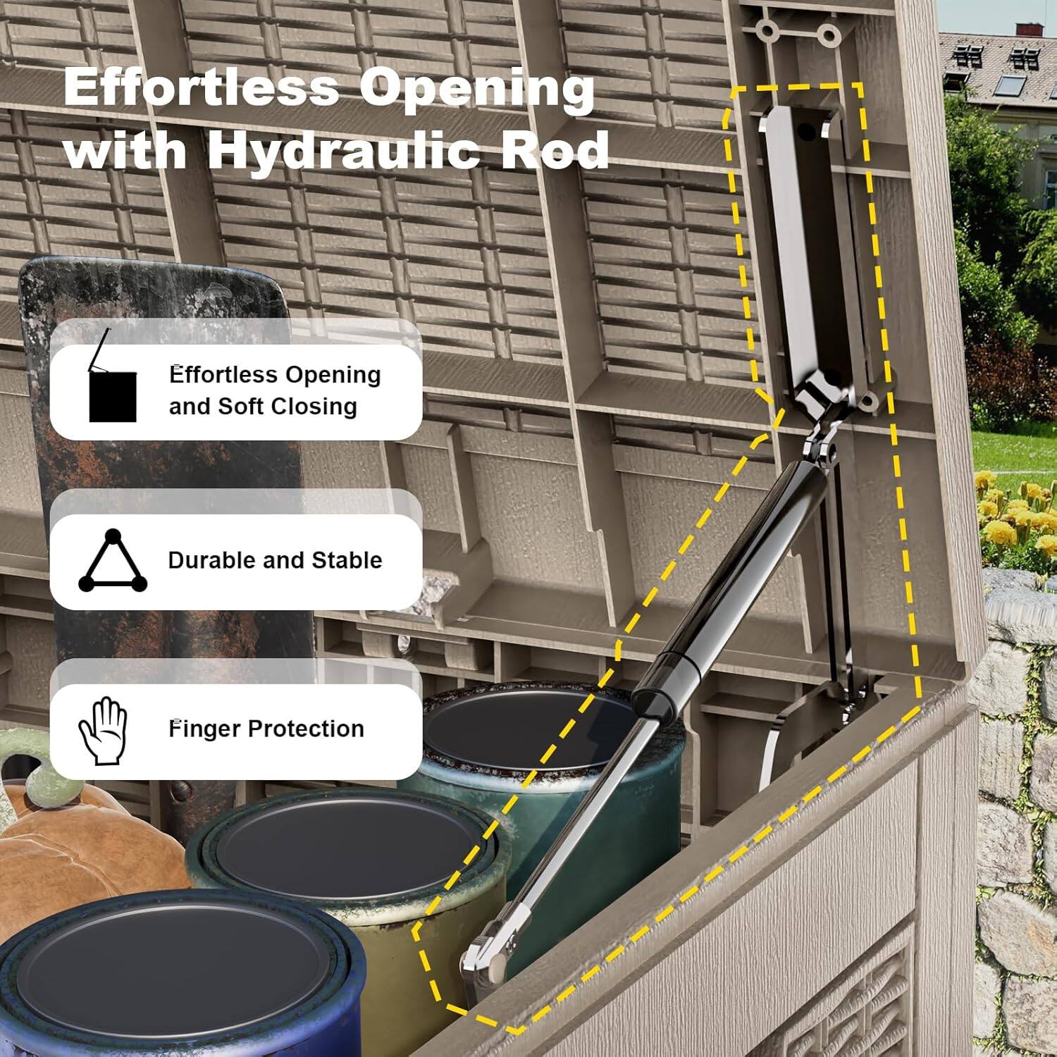 Effortless Opening with Hydraulic Rod

- Effortless Opening and Soft Closing
- Durable and Stable
- Finger Protection
