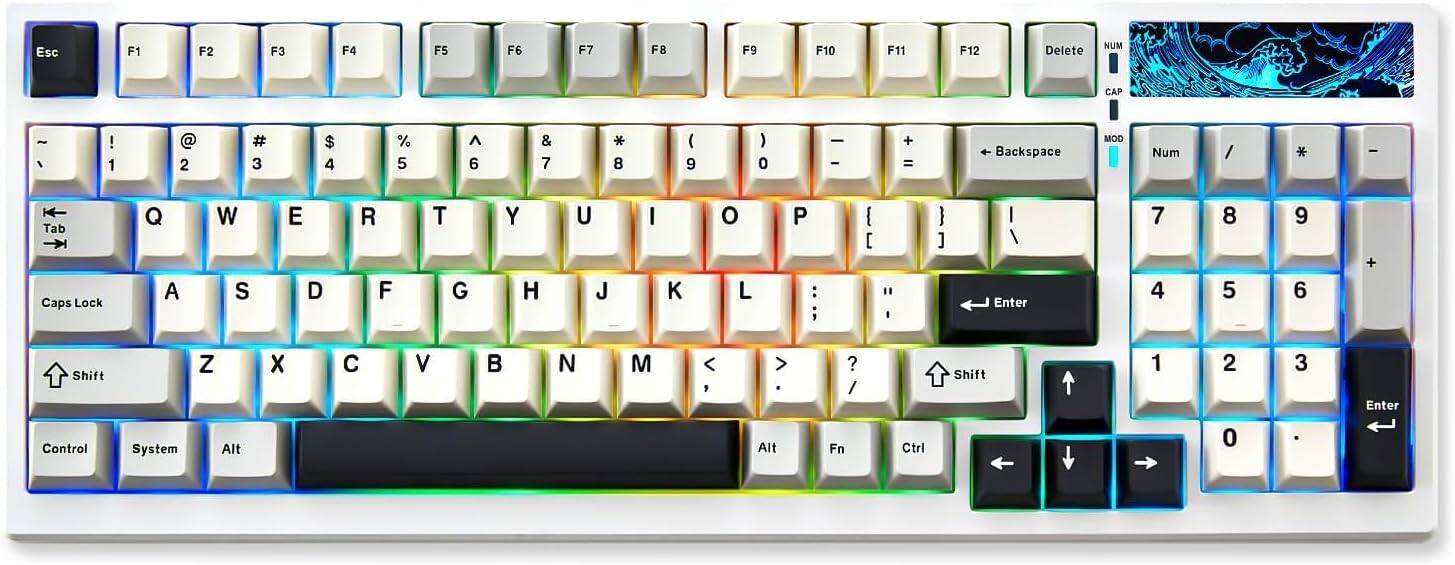 Esc F1 F2 F3 F4 F5 F6 F7 F8 F9 F10 F11 F12 Delete NUM CAP ~ ` 1 ! 2 @ 3 # 4 $ 5 % 6 ^ 7 & 8 * 9 ( 0 ) - _ + = Backspace MOD Num / * - 7 8 9 4 5 6 1 2 3 Enter Tab Caps Lock Q W E R T Y U I O P : ; [ ] \ Enter Shift Z X C V B N M < > ? / Shift 0 Control System Alt Alt Fn Ctrl