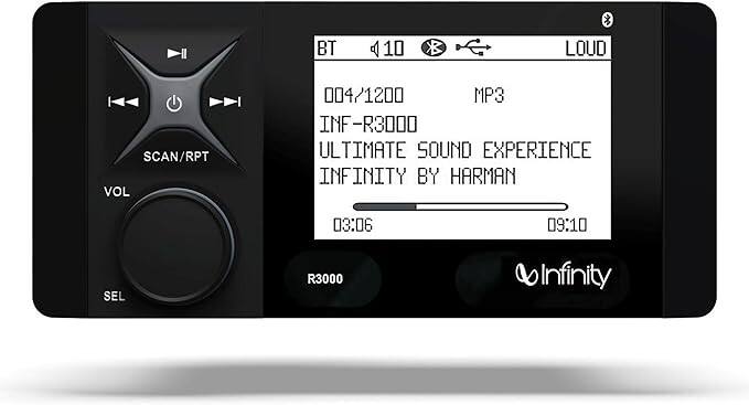 BT 10 LOUD  
004/1200 MP3  
INF-R3000  
ULTIMATE SOUND EXPERIENCE  
INFINITY BY HARMAN  
03:06 09:10  
R3000